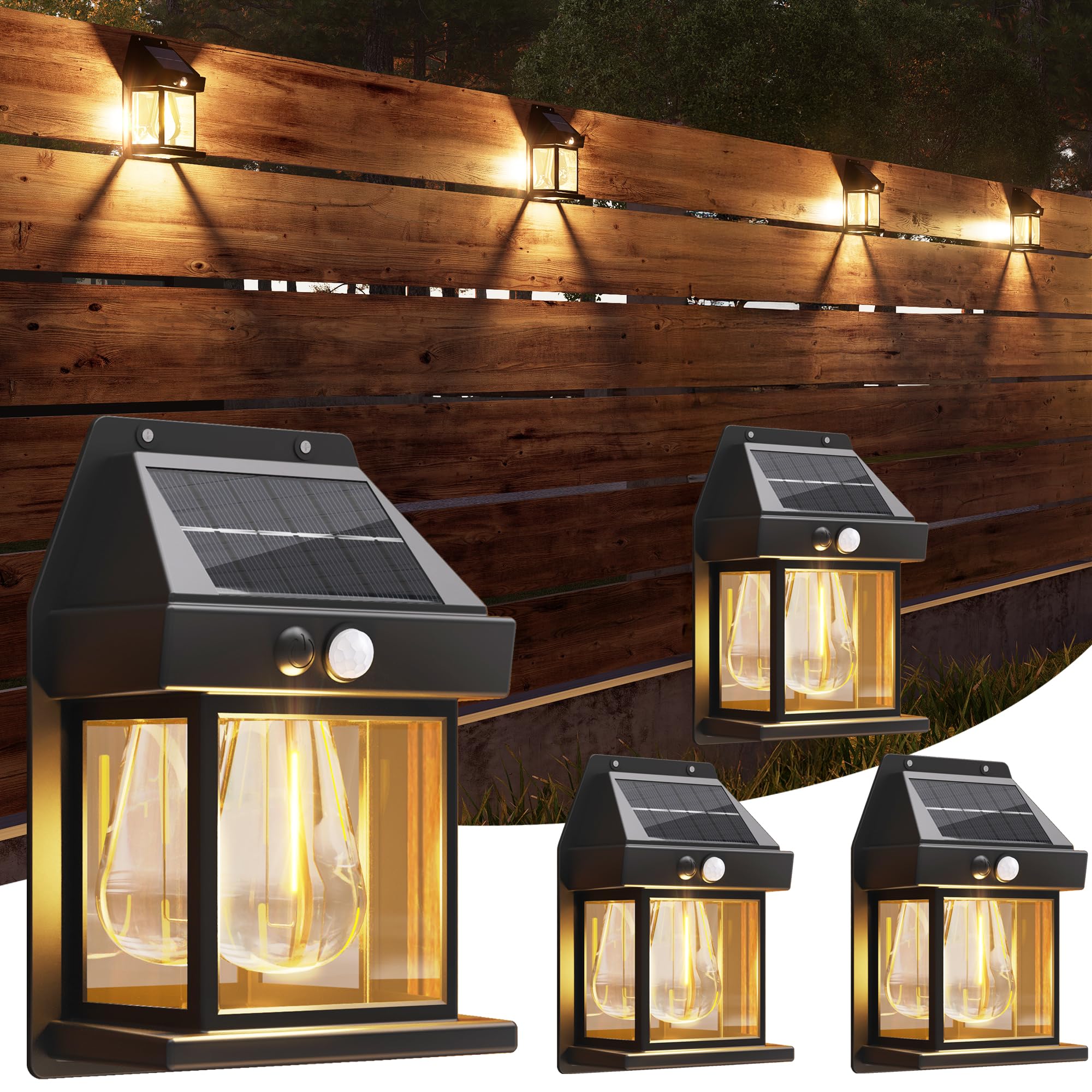 Flacchi Solar Lights Outdoor - Waterproof Solar Wall Lights with Motion Sensor 3 Lighting Mode for Gardens, Courtyards, and Porches (4 Pack)