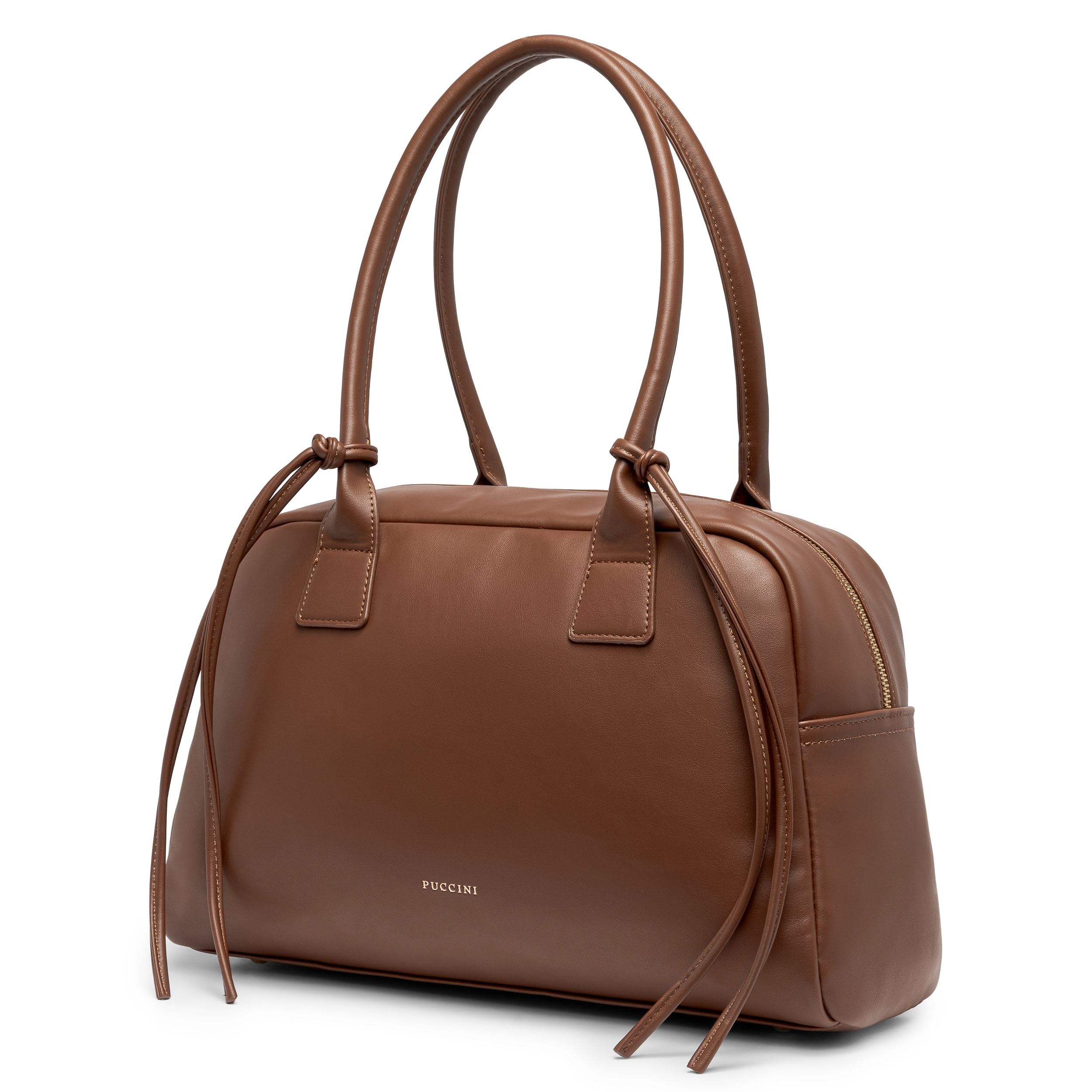 PUCCINI Damska Torebka Kuferek, Brązowa, Skóra Ekologiczna, Elegancka, Pojemna, ze Złotymi Elementami