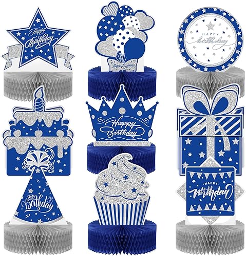 Teling 9 piezas de decoración de mesa de feliz cumpleaños, decoraciones azules y plateadas, centros de mesa azul marino, centros de mesa de nido de
