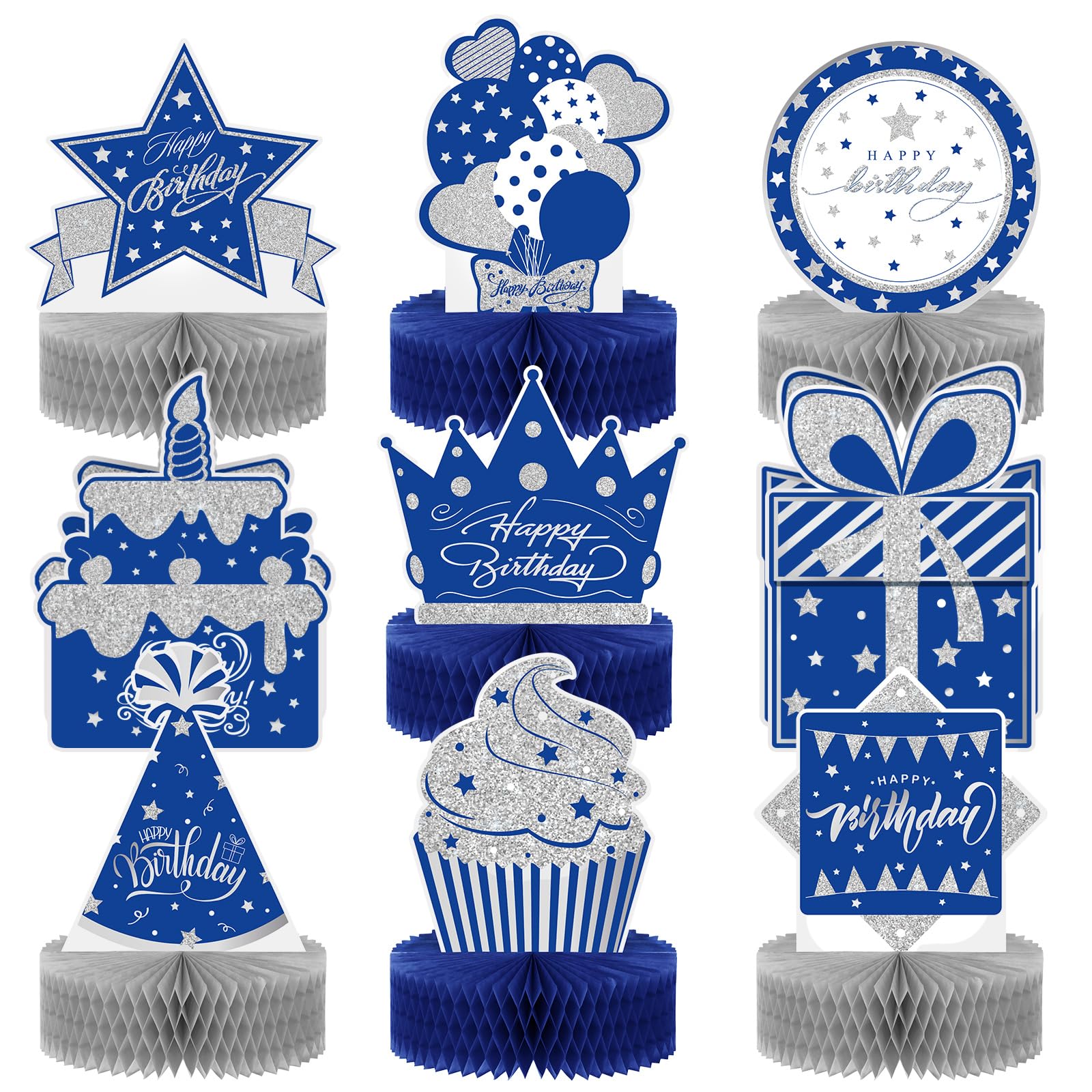 Teling 9 Pcs Happy Birthday Table Decorations Blue and Silver Decorations Navy Blue Centerpieces Happy Birthday Honeycomb Table Centerpieces for Men Women Party Supplies