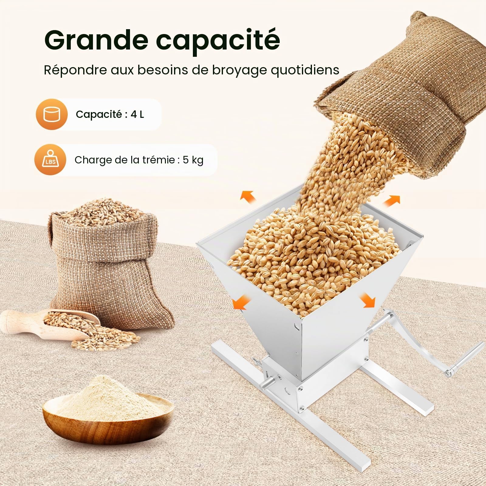 4L Moulin Manuel à Céréales, Concasseur de Céréales, Moulin à Malt, Moulin à Fourrage, Moulin à Grains en Acier Inoxydable Réglable, Moulin à Maïs, Moulin à Égrener, avec Poignée à Manivelle, pour