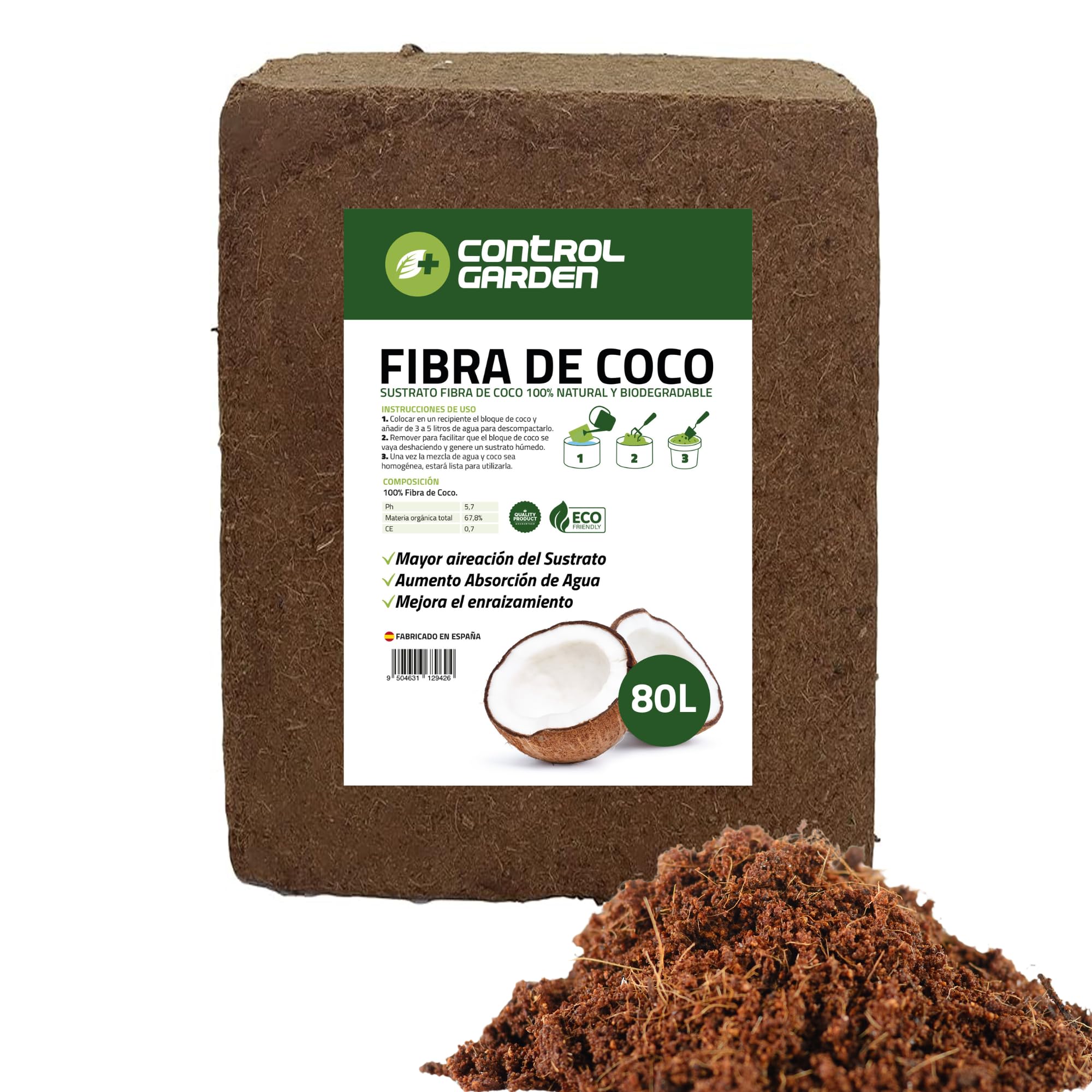 CONTROL GARDEN Sustrato Fibra de Coco 5kg 80L | Abono Plantas 100% Natural para Huertos, Terrarios y Cultivos | Substrato Semilleros Biodegradable