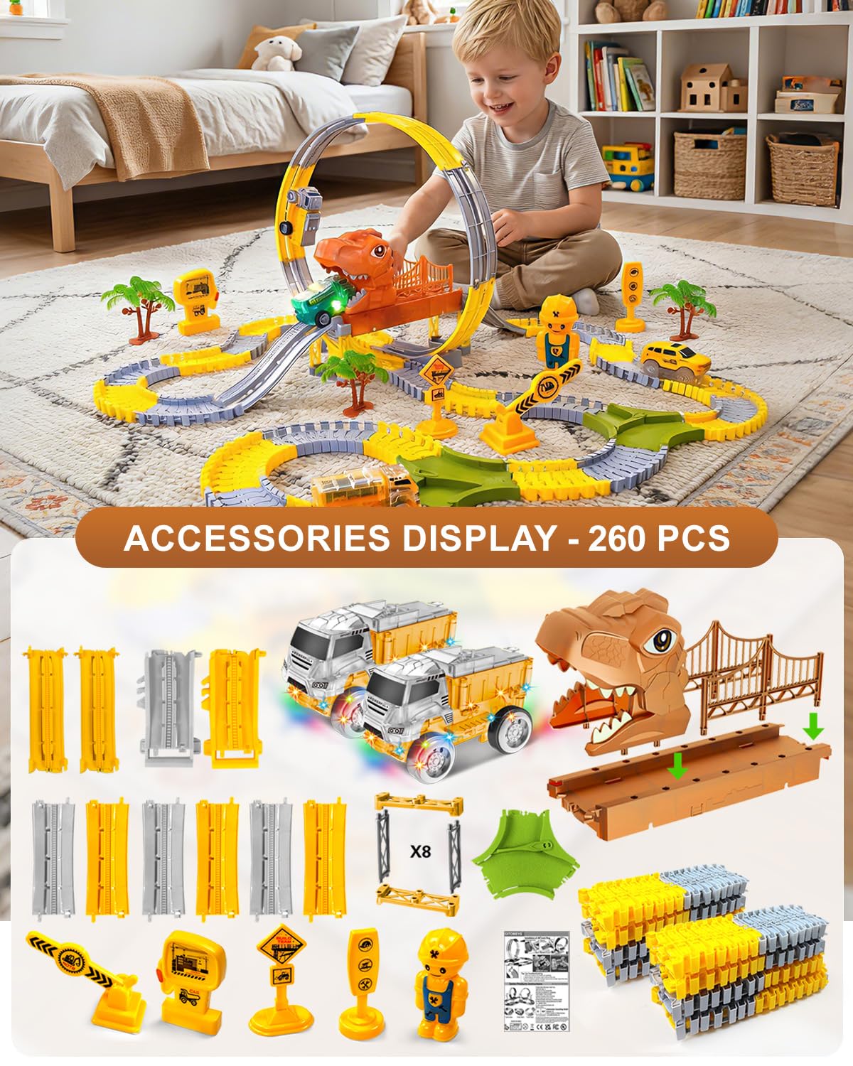 Dinosaur Race Track Toy with 360-Degree Loop, Dinosaur Toys Train Track with 2 Luminous Dinosaur-Themed Cars - Image 2