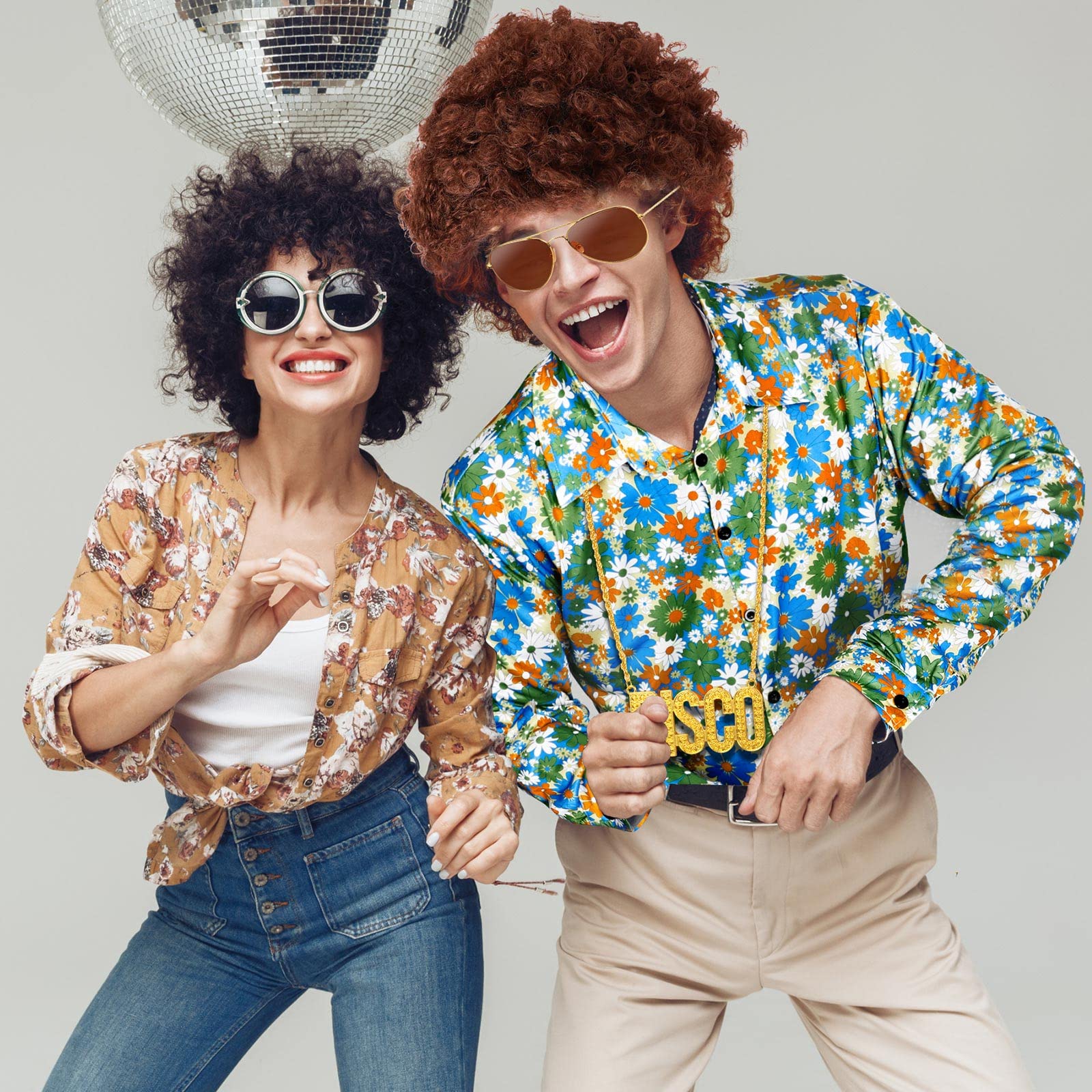 4 Pcs Men 70s Disco Costume Set Disco Floral Dress Shirt Long Sleeve Casual Button Shirts for 70s Disco Party Christmas Prom (X Large)