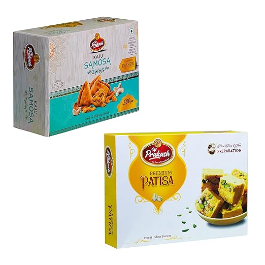 Prakash's Pure & Healthy Kaju Samosa & Desi Ghee Patisa Combo 1 Kg (500g x 2) | Good For Health | Party Pack | Evening Snacks | Ready to Eat | Tasty |