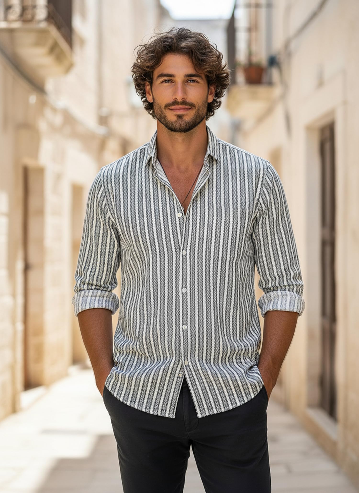 Lymio Camicia da uomo || Camicia da uomo a righe casual a maniche lunghe (Crazy-Full)