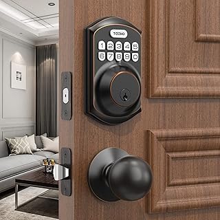 TEEHO Keyless Entry Door Lock with Handle - Electronic Keypad Deadbolt with Door Knob - Deadbolt Smart Lock for Front Door Lock Set - Auto Lock - Easy Installation - Oil-Rubbed Bronze
