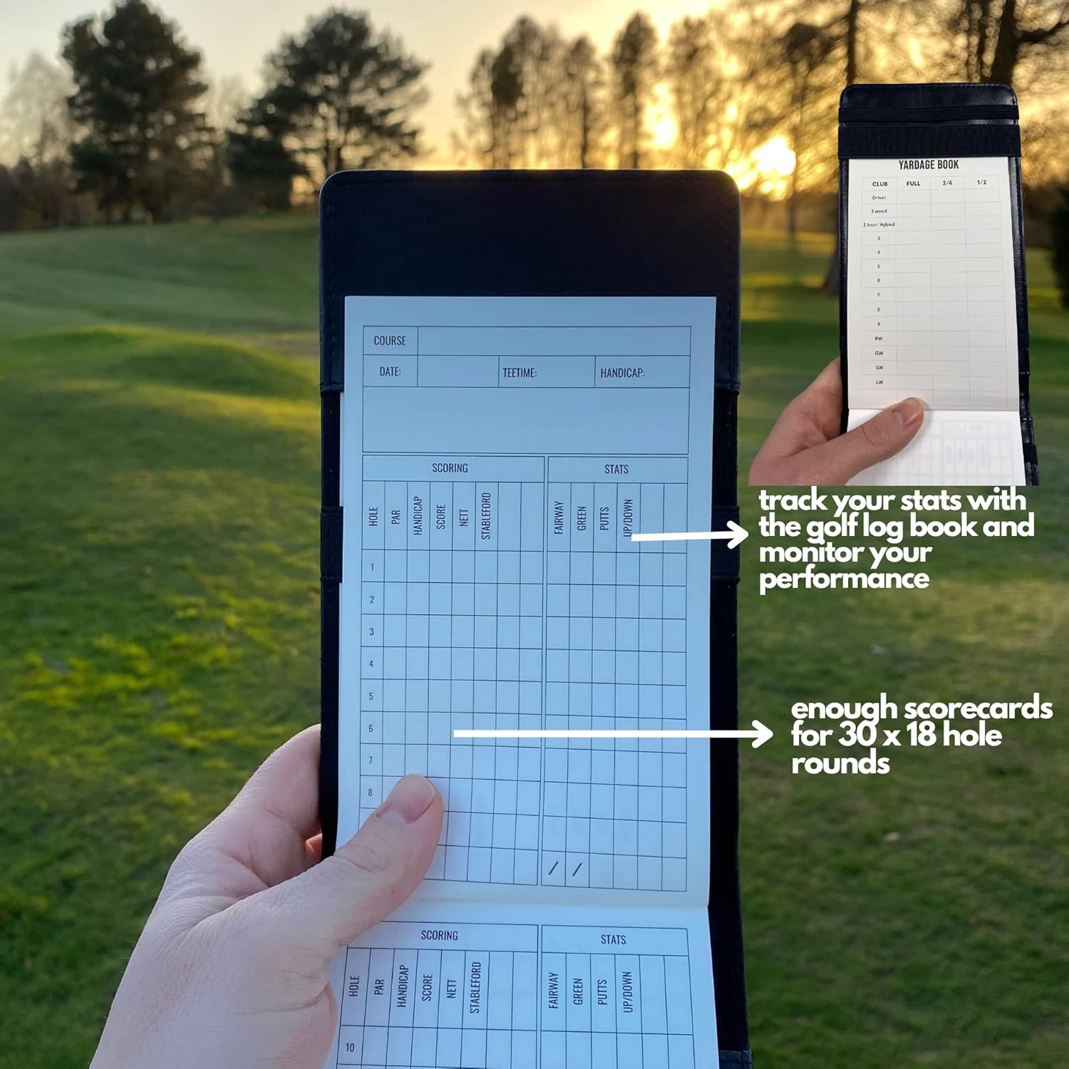 PU Leather Golf scorecard Holder & 2 Weatherproof Golf Notebook with Golf Yardage Book/Golf Scorecard Book - Golf Notebook + 30x scorecards. Golfers Journal, Perfect Golf Gadgets for Men/Woman