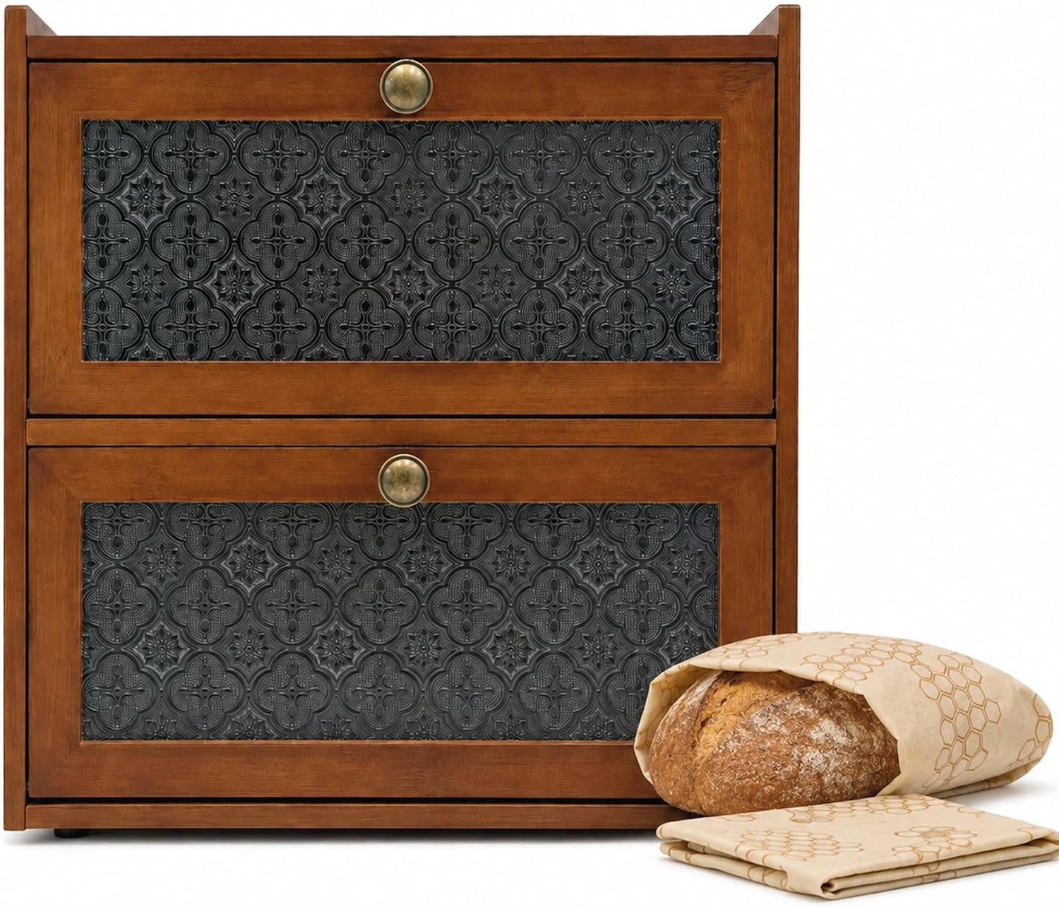 ETMI Vintage Bread Box for Kitchen Countertop - 2 Layer BreadBox Large Carbonized Bamboo Bread Storage Container Kitchen Organizer