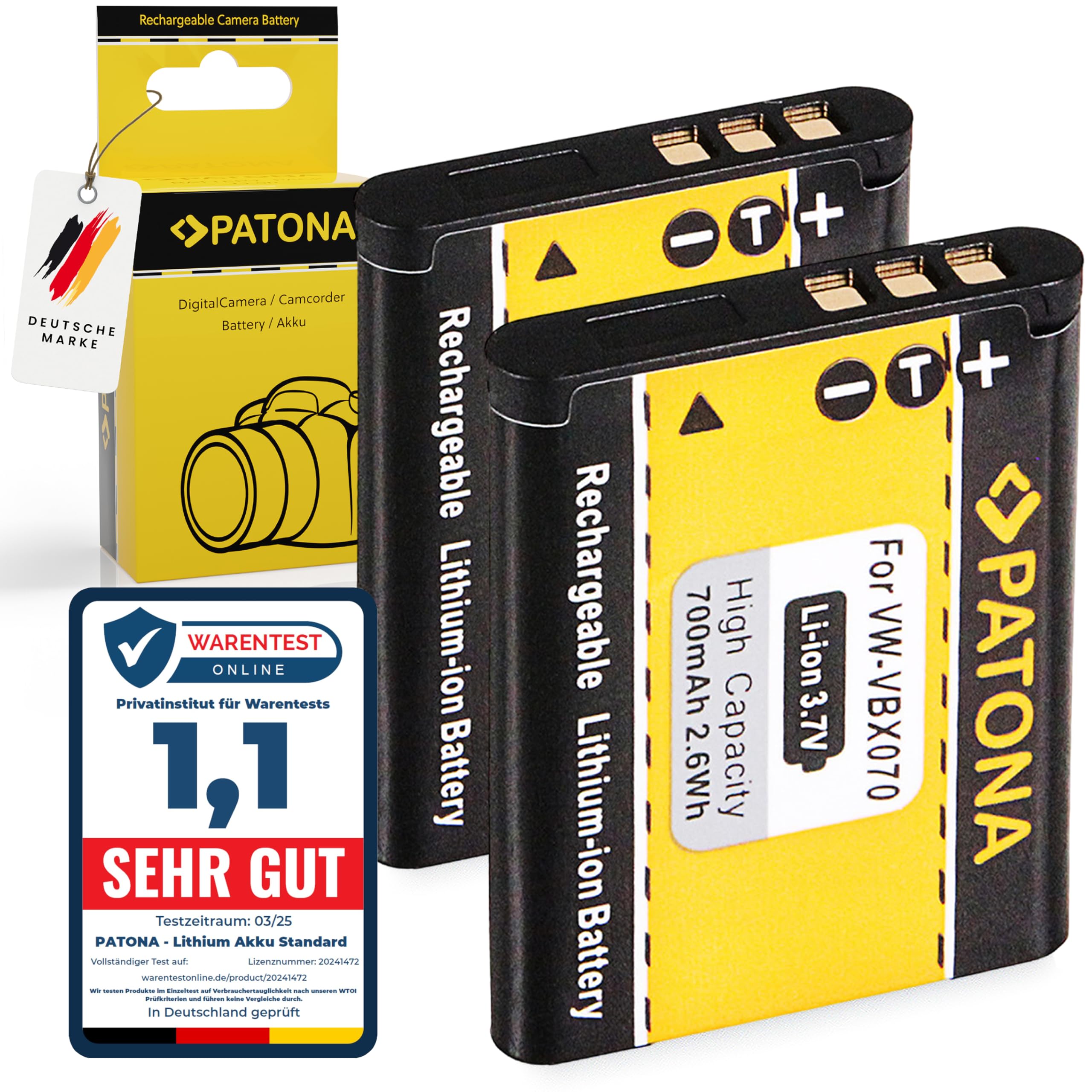 PATONA 2X Akumulator do Panasonic VW-VBX070 VBX070E 700mAh | Akumulator do HX DC1 DC2 DC3 DC10 DC15 WA10, Toshiba PX1686, Sanyo DB-L80 DB-L80A, Pentax D-Li88, z ochroną zwarciową