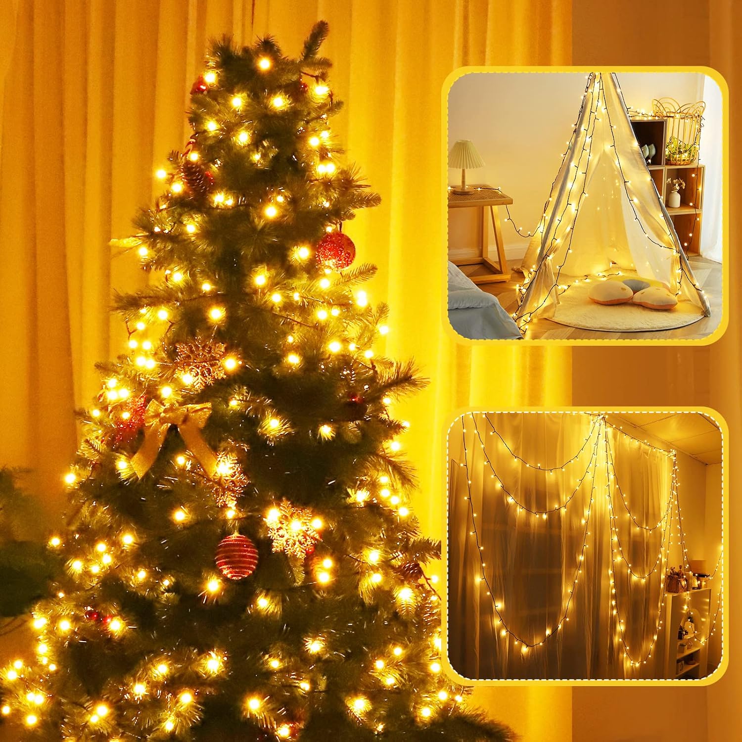 LED Christmas Lights Outdoor,300LED 105Ft 8 Modes Plug-in Connectable Waterproof Globe String Lights for Outdoor & Indoor Decorations (Warm White)