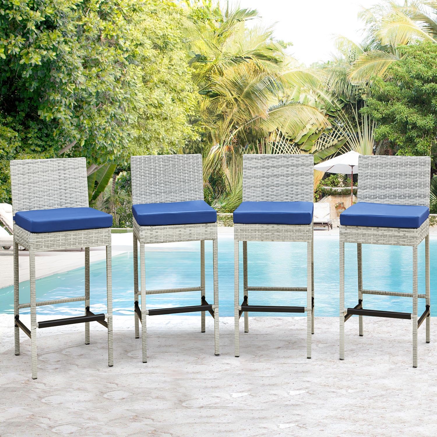 ECOTOUGE Rattan Bar Stools Set of 4, Wicker Woven Patio Stools & Patio Bar Chairs with Seat Cushion and Cozy Footrest, Outdoor Furniture Armless Counter Height for Pool Lawn Porch Backyard(Grey/Blue)