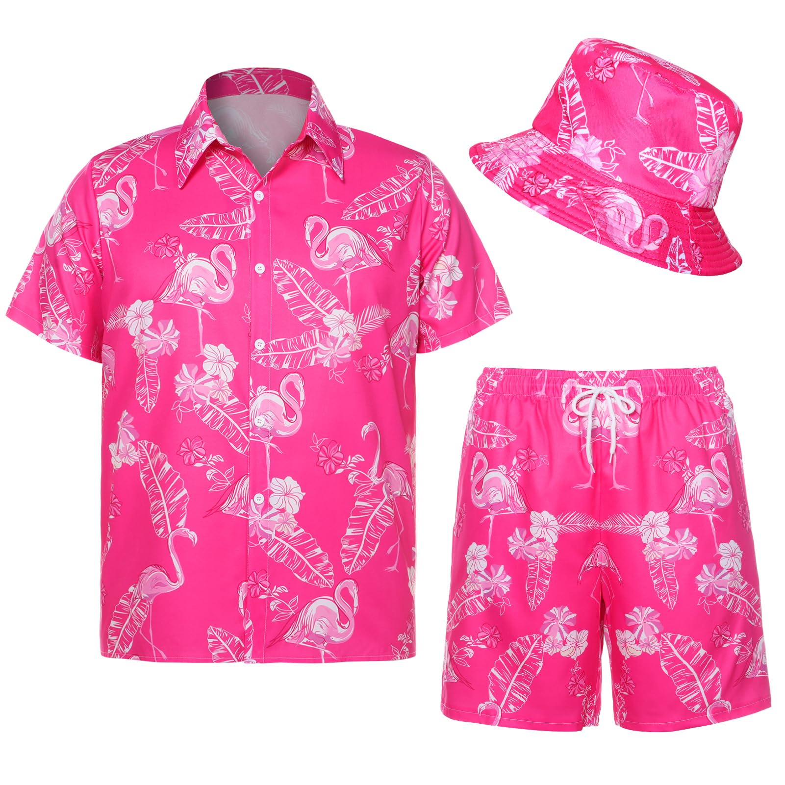 Camicia hawaiana da uomo, 3 pezzi, vestito hawaiano, da uomo con camicia a fenicottero, cappello da pescatore, abbigliamento per il tempo libero, set di camicie da uomo