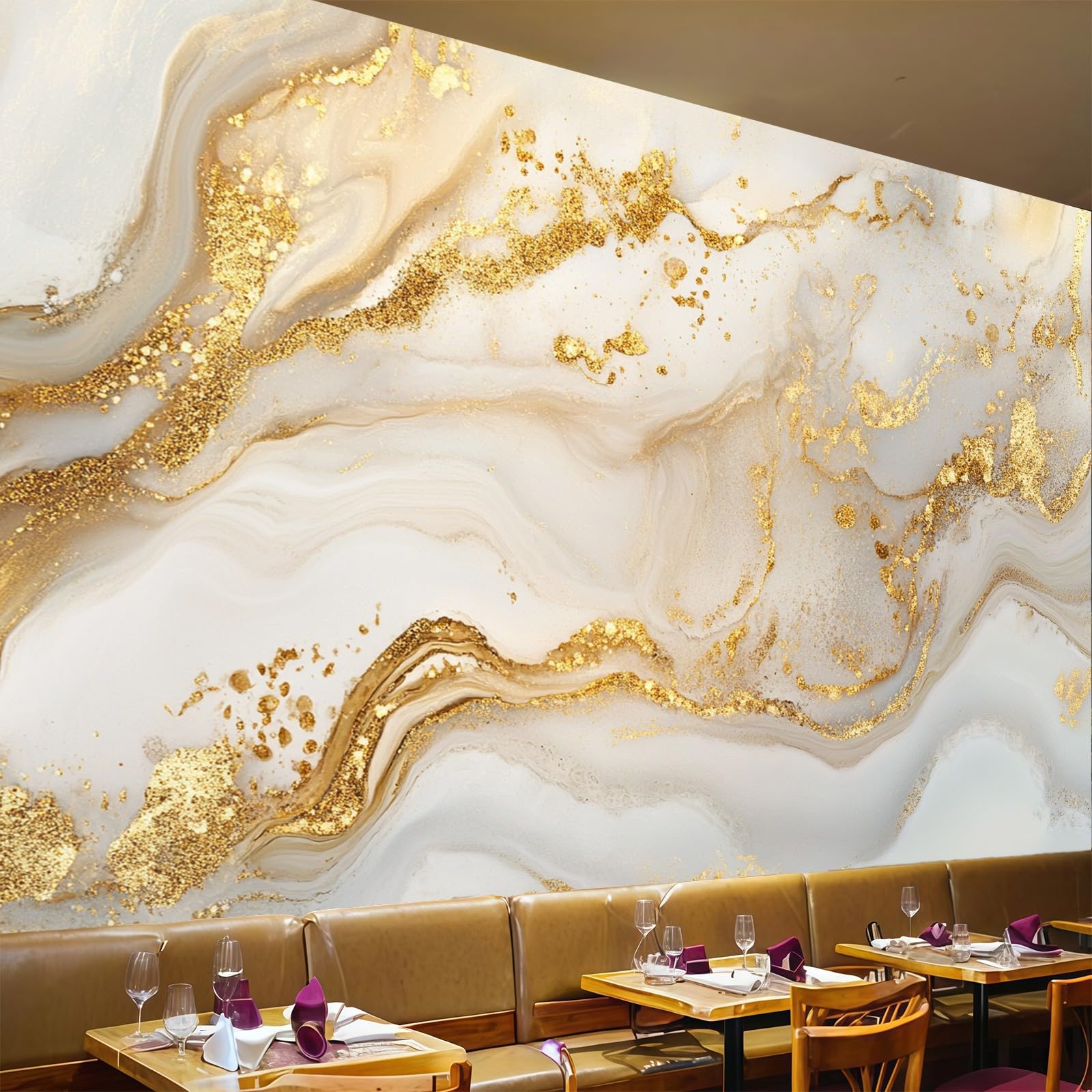 Papier peint panoramique salon et restaurant aux lignes géométriques abstraites or 250x175