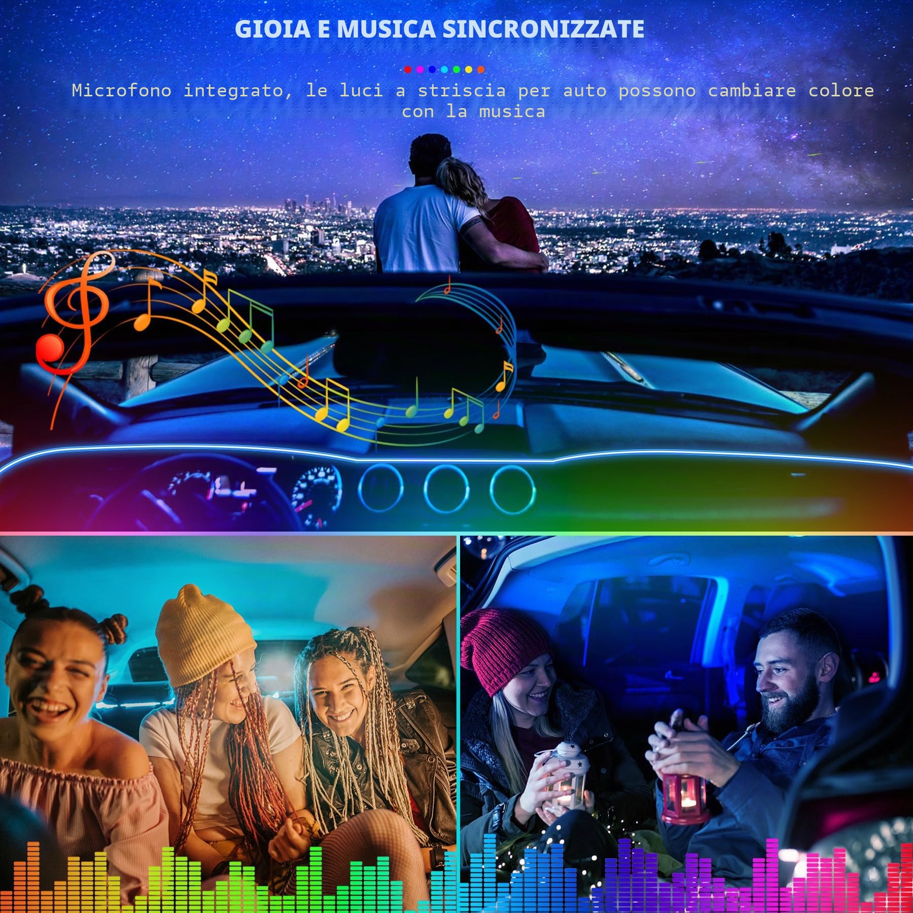 Illuminazione Interna per Auto 6,5m LED Striscia, 12V RGB Luci Neon d'Atmosfera Impermeabile, Controllabile con APP, Ambientale Musica e Illuminazione vano Piedi