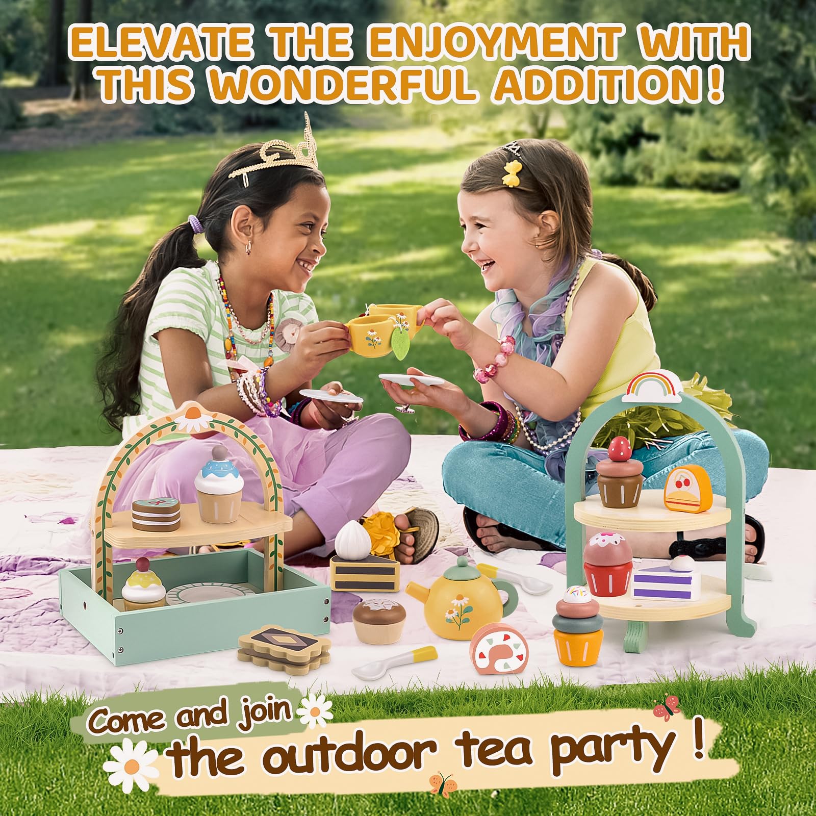 Airlab Set da Tè Bambina Accessori Cucina Giocattolo per Bambini in Legno | Accessori Cucina Legno per Bambini Bambina con Paniere, Cibo Finto Giocattolo Bambino Cucina, Regalo Bimbo Bimba 3 4 5 Anni