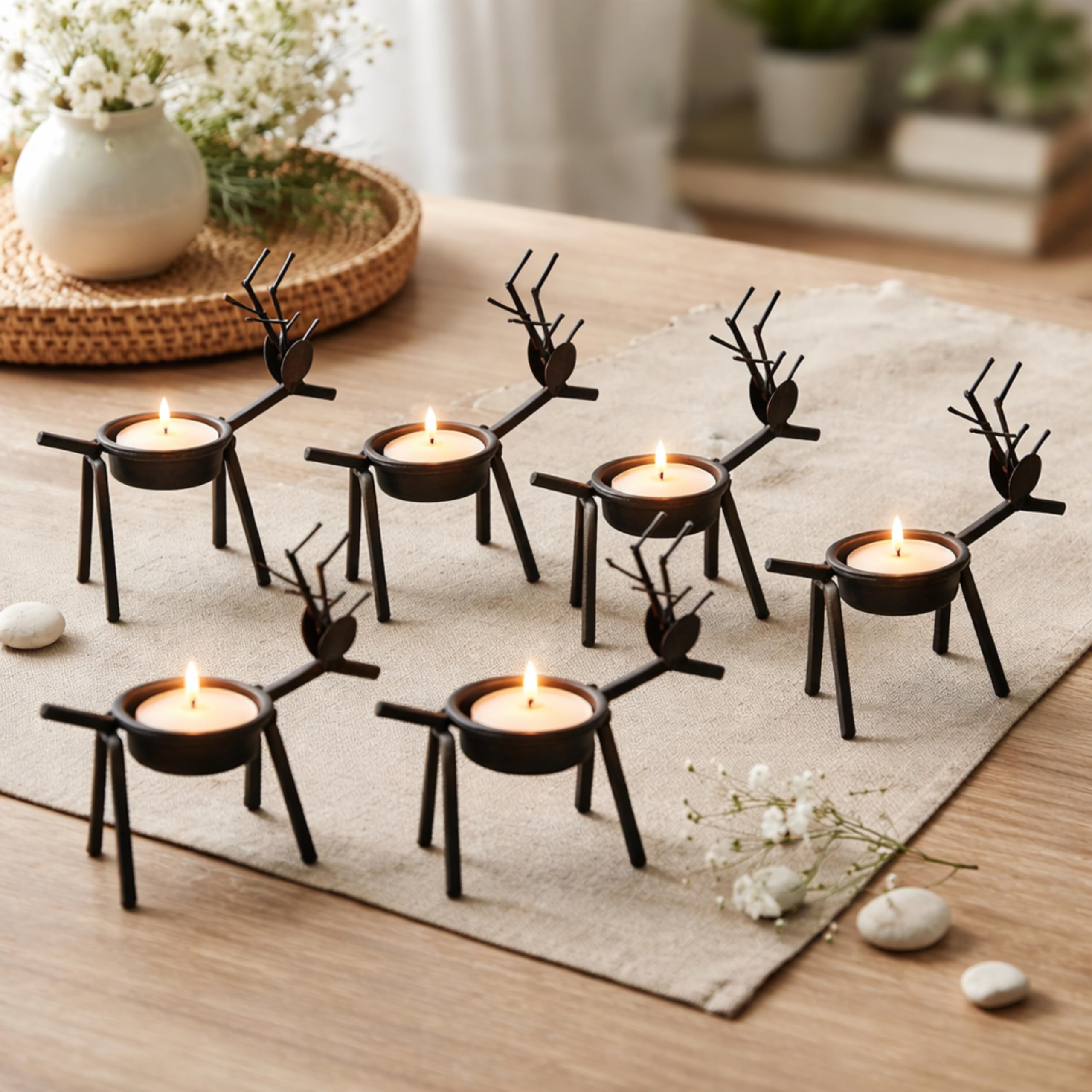 Marco Paul Interiors Silver Set Of 6 Metal Reindeer Tealight Candle Holders With 6 White Tealights Included – Rustic Woodland Table Centrepiece, Farmhouse Spring Decor, Easter & Mother’s Day Home Decoration