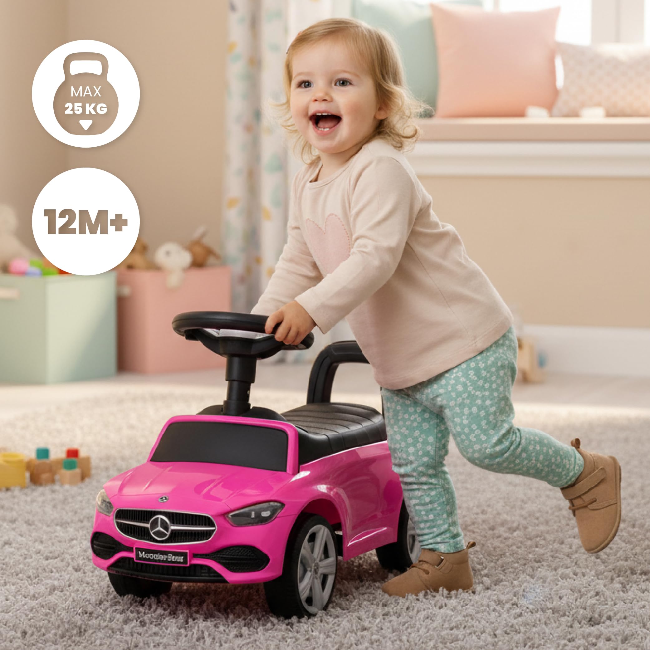 sun baby Rutschauto ab 1 Jahr Mercedes C-Class, Kinderfahrzeug für Jungen und Mädchen mit Audio-Lenkrad, Ablagefach, Kippschutz (Rosa)