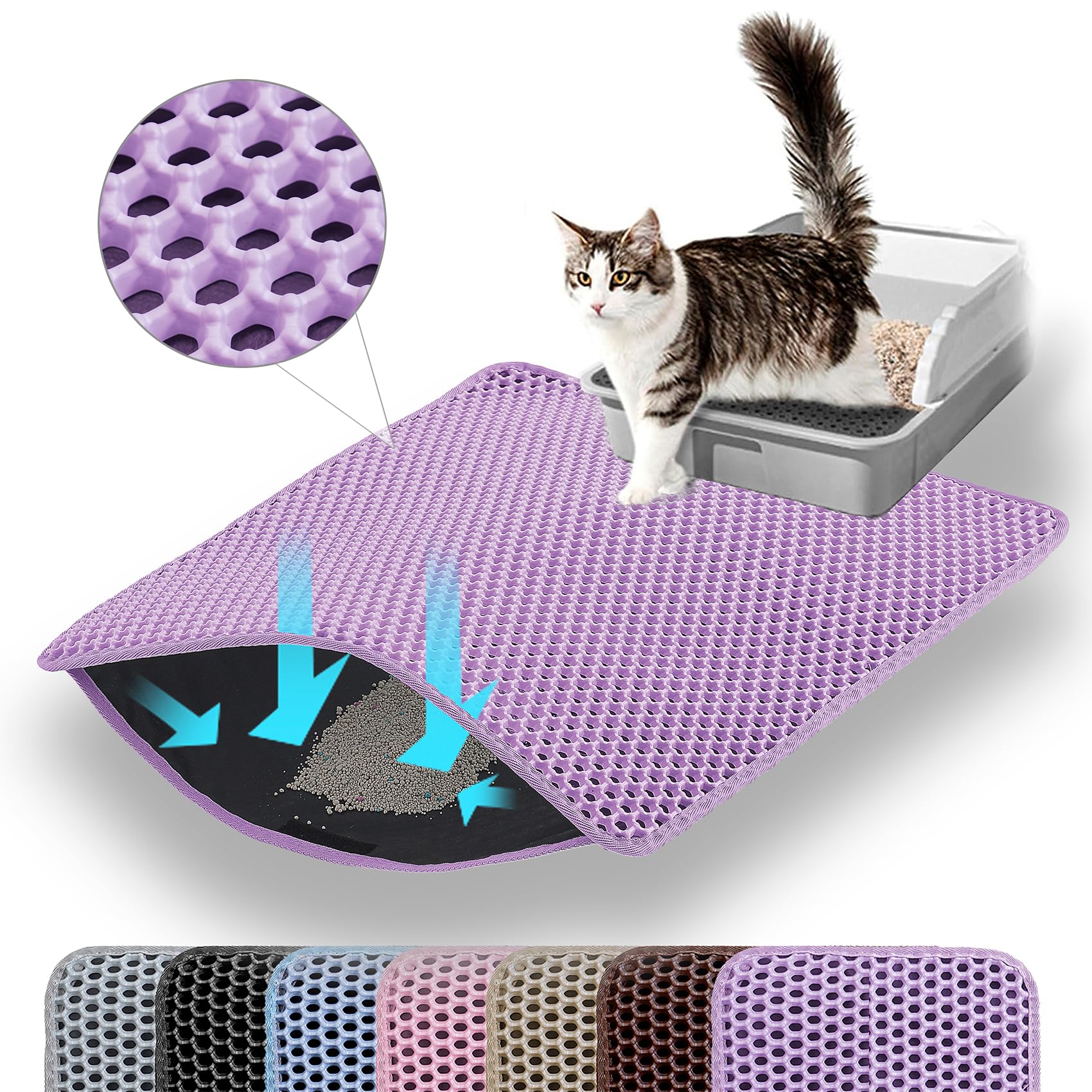 Petinstinct Cat Litter Mat, 24x18 Inches Large Double Layer Honeycomb Cat Litter Trapping Mat, Non Slip Waterproof Urine Proof Cat Litter Box Mat for Floor, Kitty Litter Rug, Cat Supplies, Purple