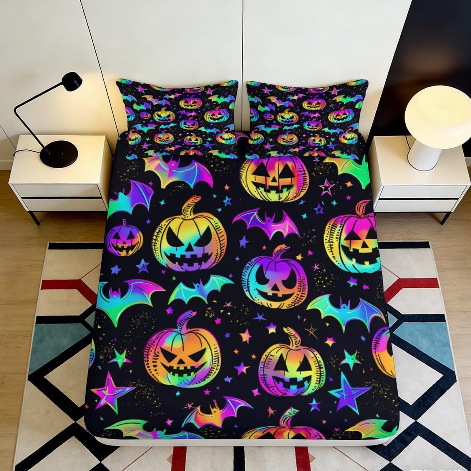 3D Printed Neon Halloween Pumpkin Fitted Sheet Microfiber Soft Breathable Colorful Bat Stars Bed Cover for Bedroom Dormitory Guest Room Mattress Protection 180x200x25cm