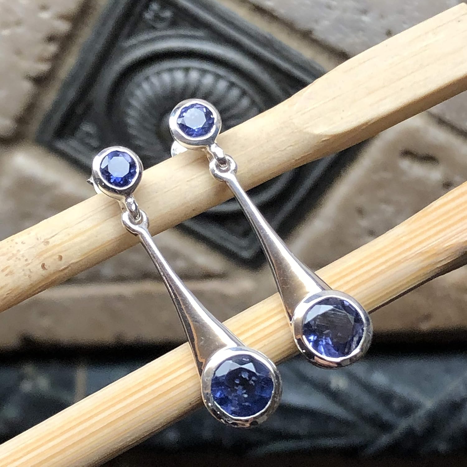 Natural 4ct Iolite Water Sapphire 925 Solid Sterling Silver Earrings 35mm - Image 2