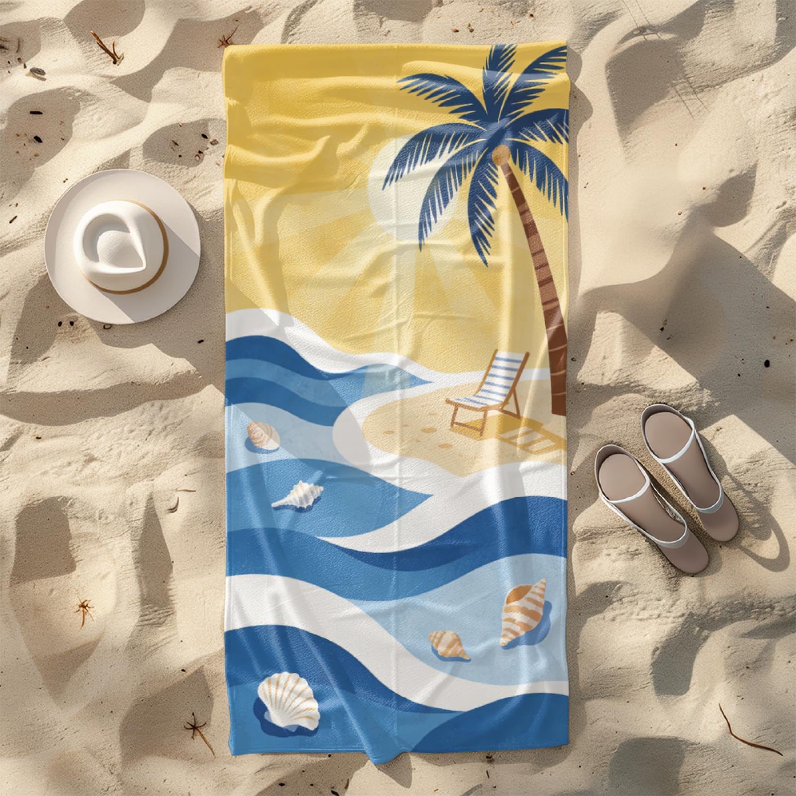 Fouta PlageMer Bleue Ciel Jaune Soleil Modèle Surdimensionné avec Diverses Tailles, Respirante et Portable, Parfaite pour Voyages Sorties Piscine et Usage Extérieur Quotidien 90x160 cm