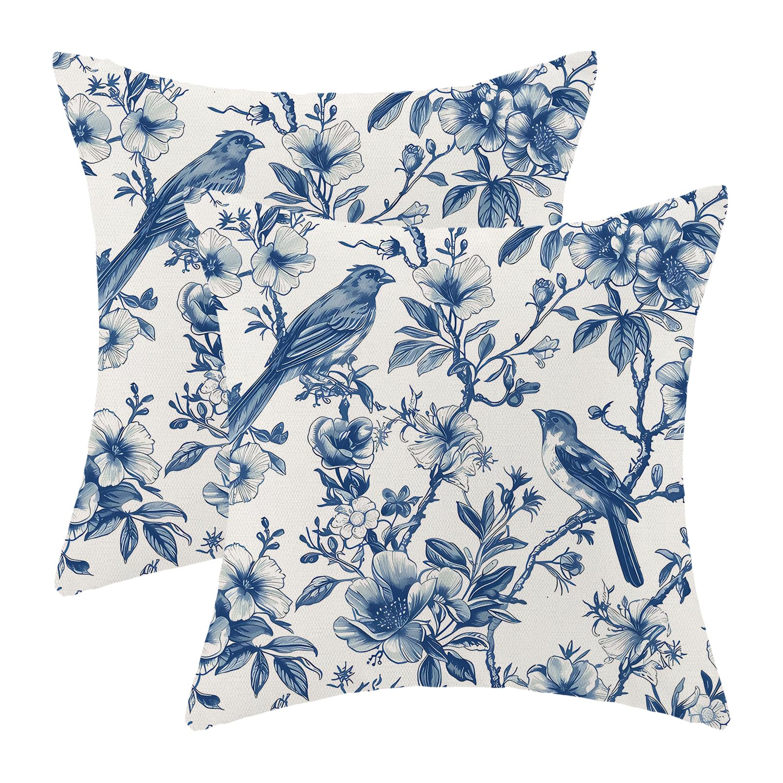 Navy Blue Spring Floral Pillow Covers 18 x 18 Inch Set of 2 for Chinoiserie Vintage Flowers Bird Decor Throw Pillows Plant Farmhouse Outdoor