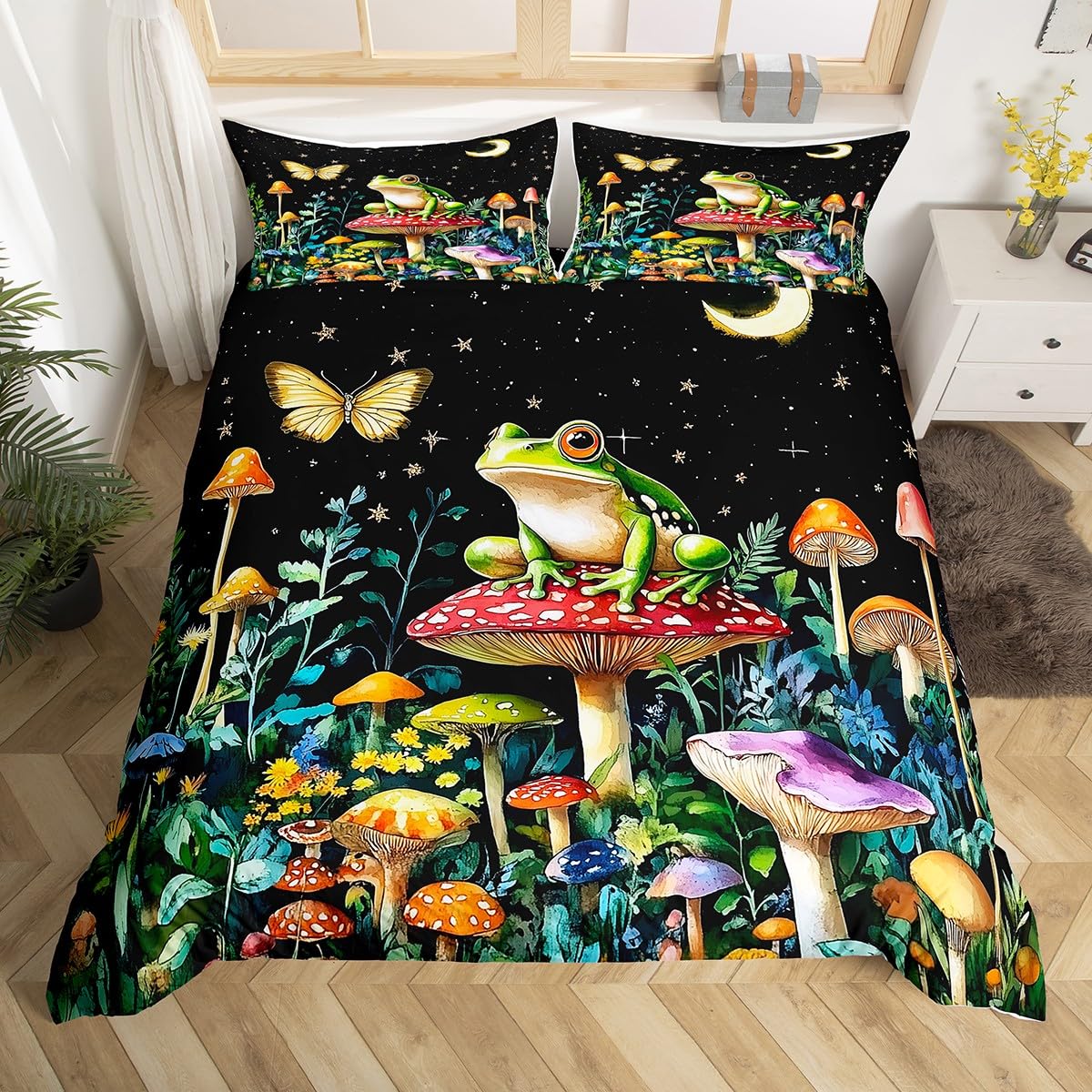 Housse de couette grenouille mignonne étoiles plantes parure de lit