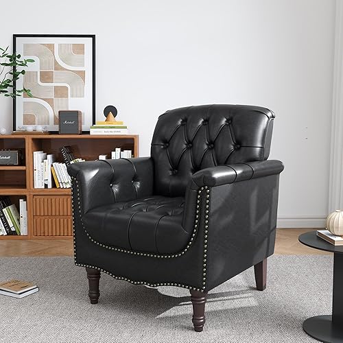 Miniatura 15 de UIXE - Juego de 2 sillas decorativas de cuero sintético, cómodo sillón tapizado para sala de estar, silla con botones decorativos y brazos, sofá