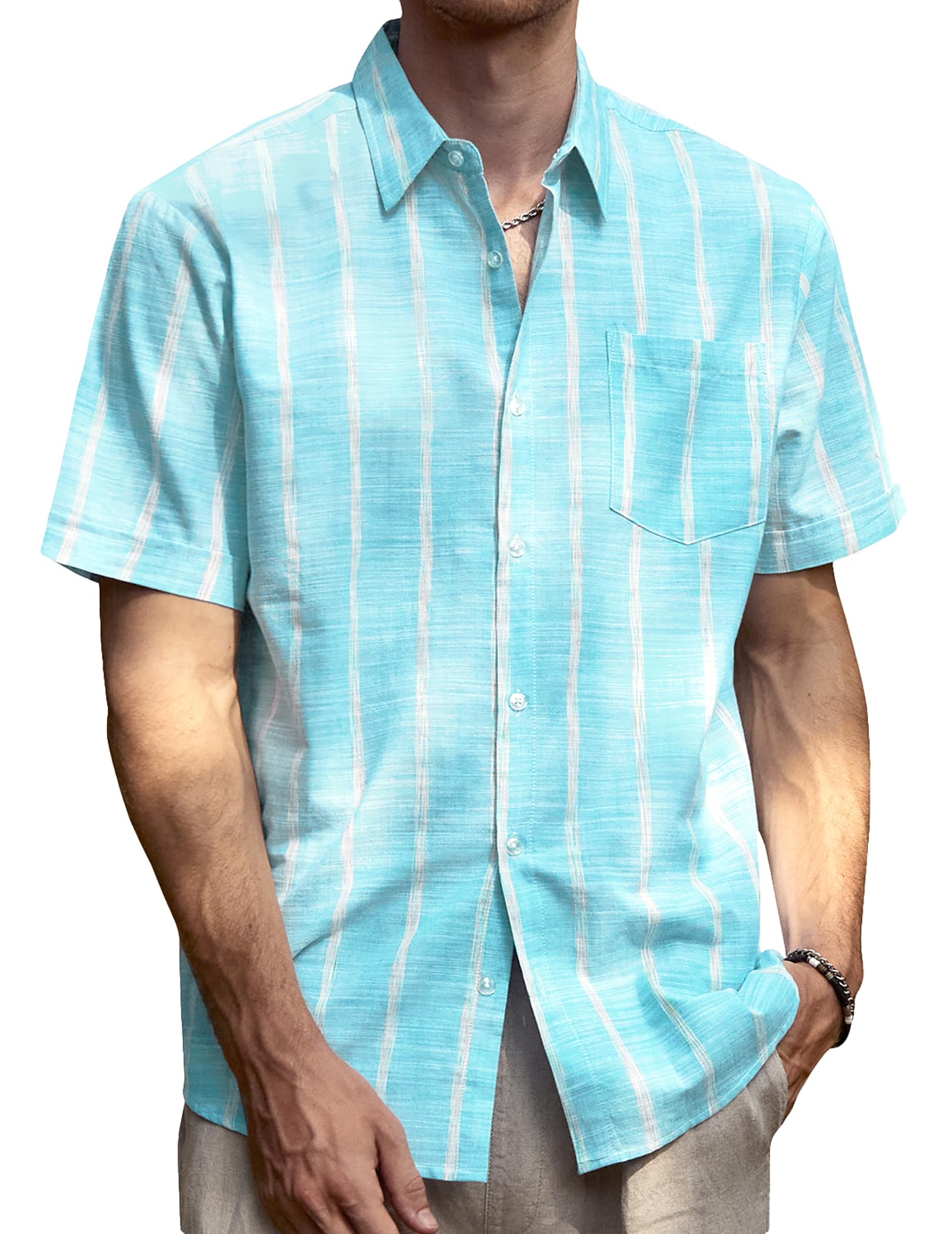JOGAL Camisa de lino a rayas de manga corta para hombre, corte regular, con botones, para la playa