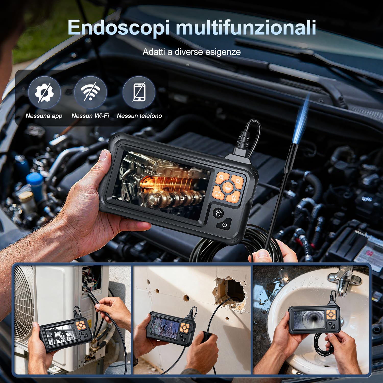 SKYBASIC Endoscopio Industriale, Telecamera di Ispezione HD 1080P con Schermo IPS da 4,3 Pollici, Telecamera Serpente IP67 Impermeabile con 8 LED, per Auto, Pareti e Scarichi ，Cavo Semirigido 5M