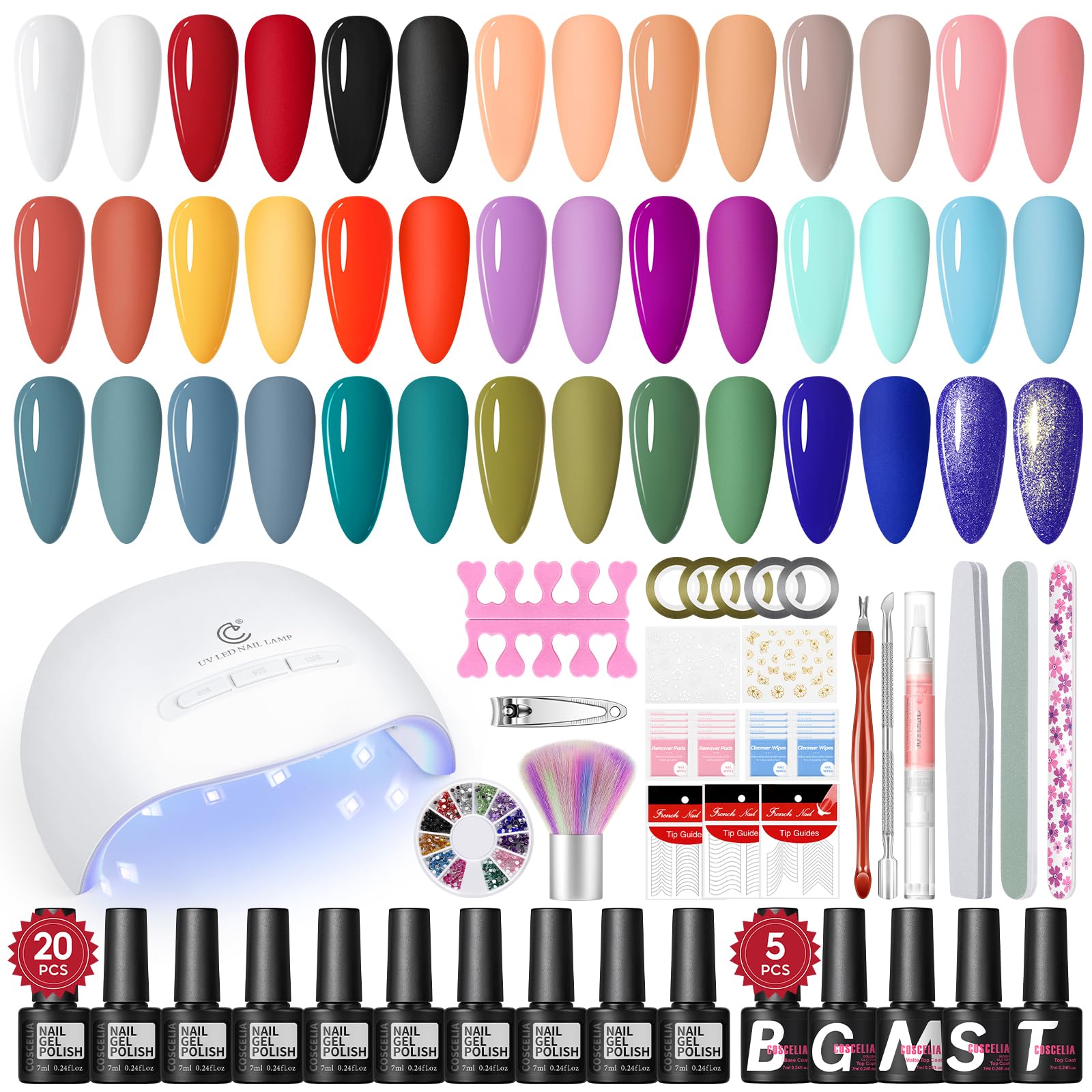 COSCELIA Uñas Semipermanentes Kit Completo,20+5 PCS Esmaltes Semipermanentes Para Uñas Con Lampara U-V/Led Uñas Base, Top Coat Brillante y Mate, Kit Manicura Semipermanente