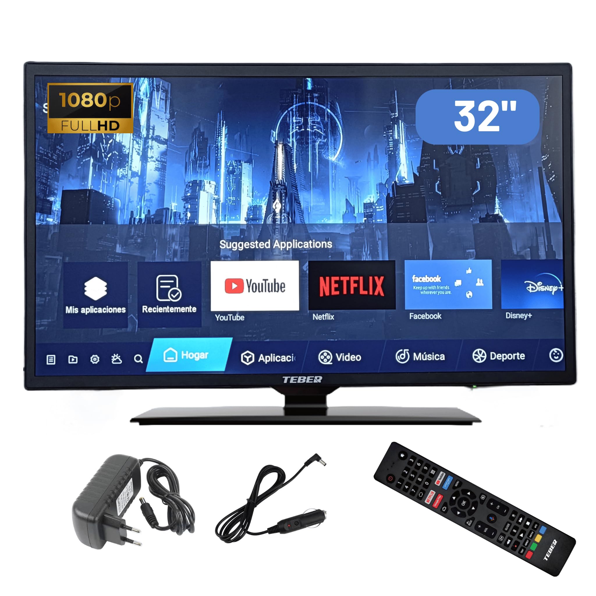 TEBER. Smart TV de 32 Pulgadas -12v/24v/230v. Bluetooth, Mando por Voz. Gran resolución 1920x1080 Full HD. DVB-S2/C/T2/T. para autocaravanas, cocinas, dormitorios, Campers, Barcos, Camiones (32").
