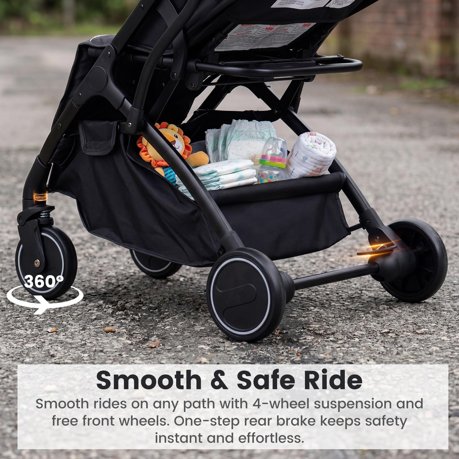 INFANS Travel Stroller, Lightweight Compact Baby Stroller for Airplane with One-Hand Fold, Multi-Position Recline, Canopy, 4 Wheel Suspension, Storage Basket (Black+Black) — view 8