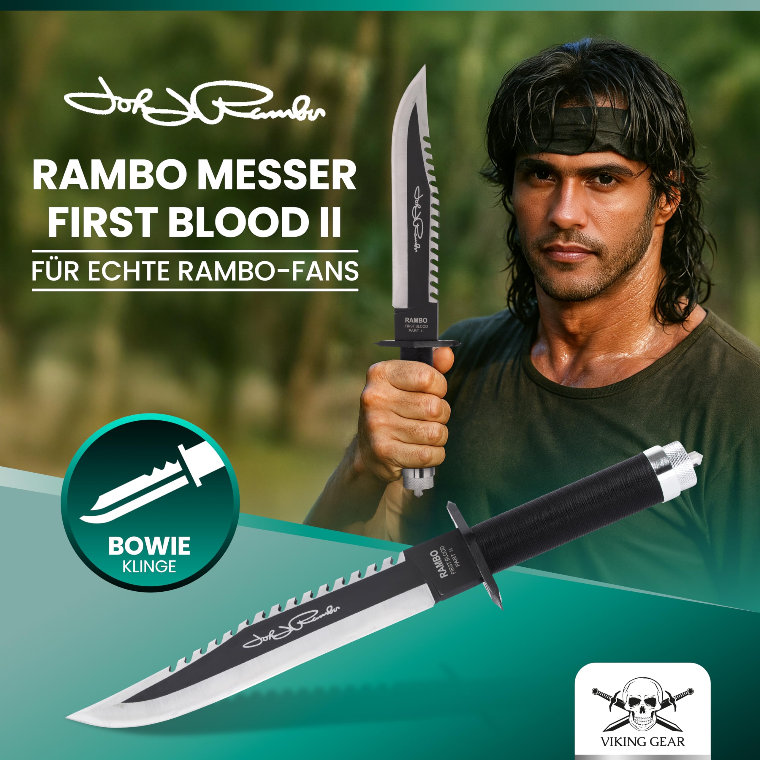 VIKING GEAR Rambo John Rambo First Blood Part II Signature Edition nóż do rambo z kompasem, haczyk do wędkowania ze sznurkiem, plastry, zapałką i pochwą na noże ze skóry PU