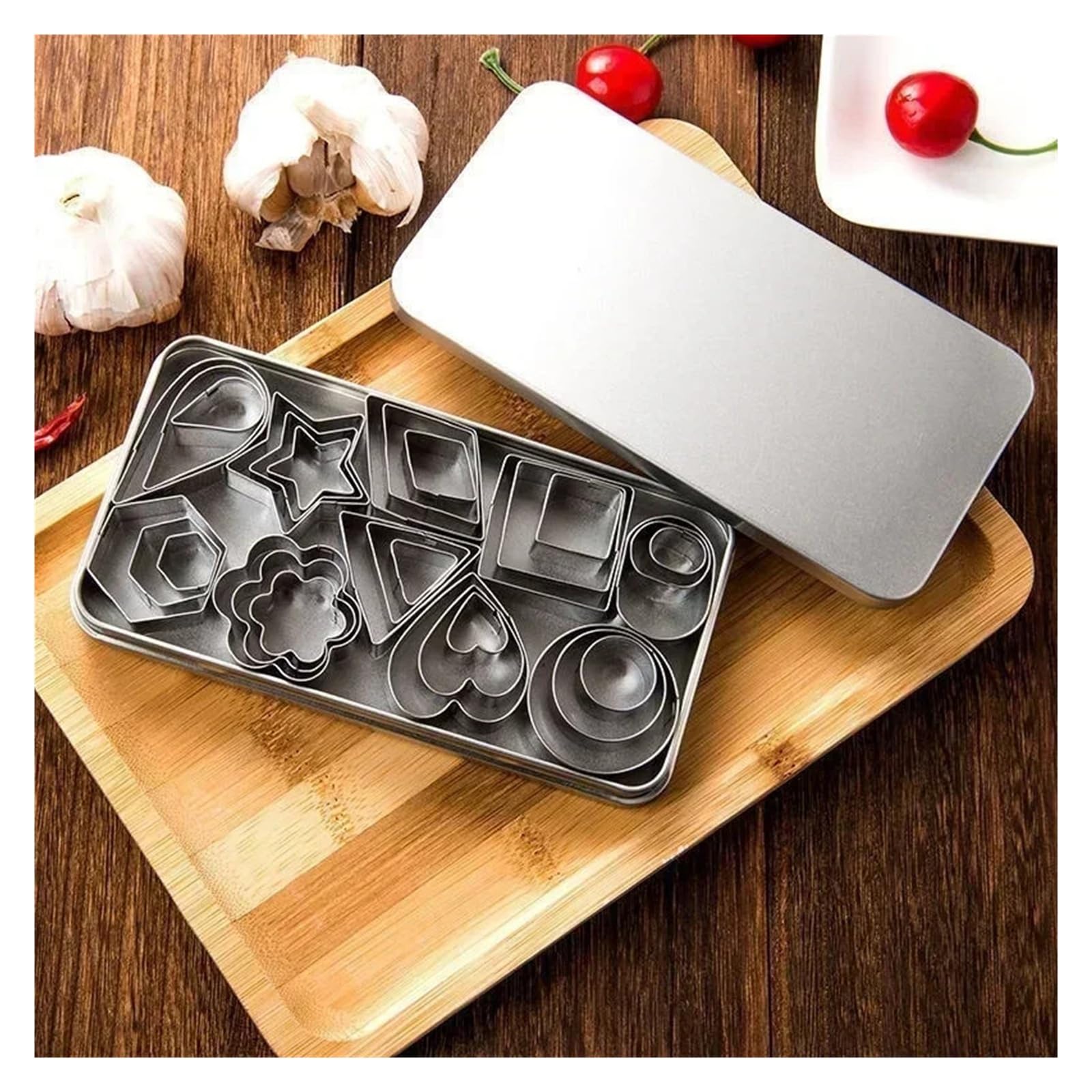 30 Stück Edelstahl-Kuchenform mit Box, Herz, Stern, Blumenform, Ausstechformen, Schokoladenformen, Fondant, Kekse, Gebäck, Backformen