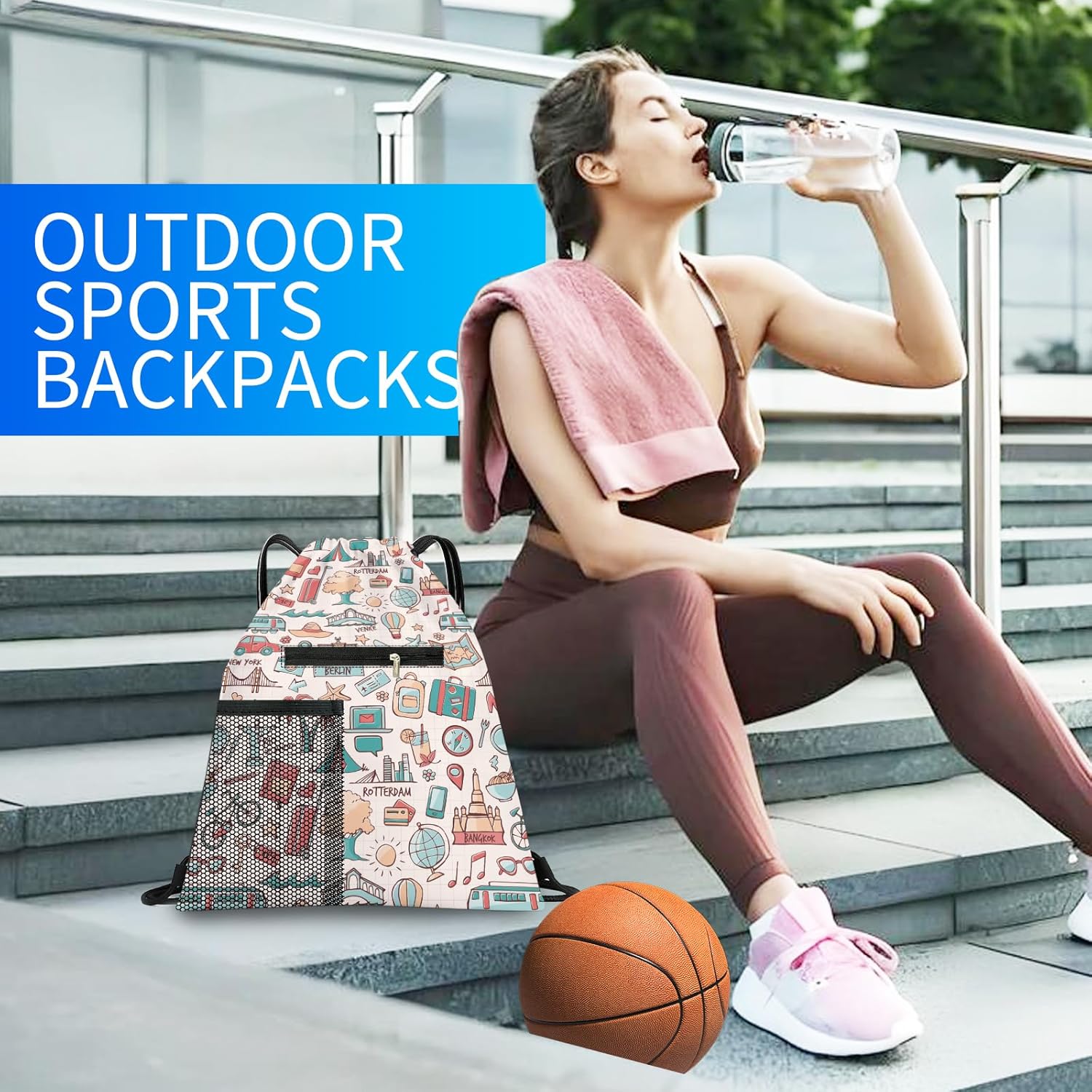 Drawstring Backpack Sports Gym Bag, Large String Swim Bag for Beach With Water Bottle Mesh Pocket, Cute Gym Sack with Zipper Pocket for Men Women Cute Print - Image 2