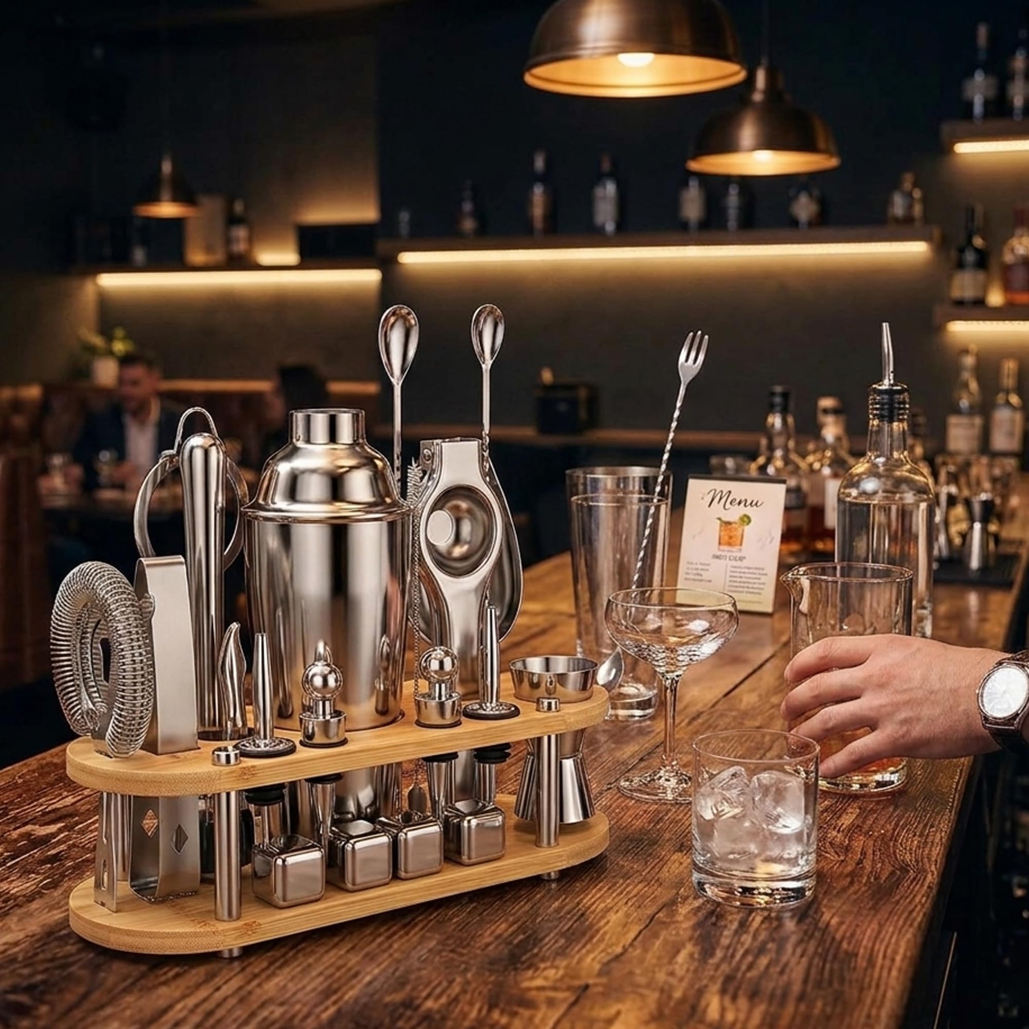 Kit de Coctelera 25 Piezas, Shaker Boston 700ml de Doble Pared en Acero Inoxidable 304, Set de Barman Completo con Soporte de Bambú, Recetas y Accesorios para Mezclar Bebidas y Regalar