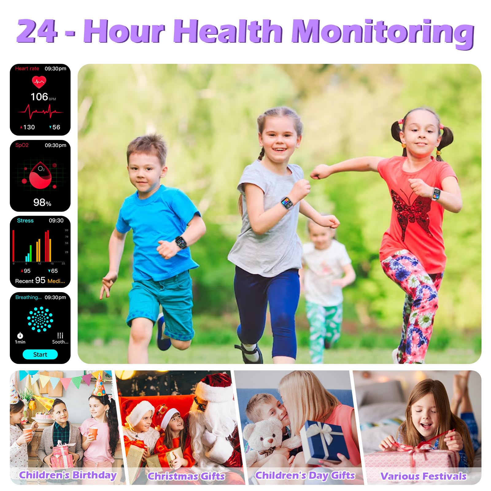 Orologio Smartwatch per Bambini, 1.8" Intelligente Fitness Tracker per Ragazzi Ragazze con 100+ Modalità Sportive, Contapassi, Sveglia, Sonno, Giochi, Smart Watch per Bambino Ado 5-16 Regalo, Viola