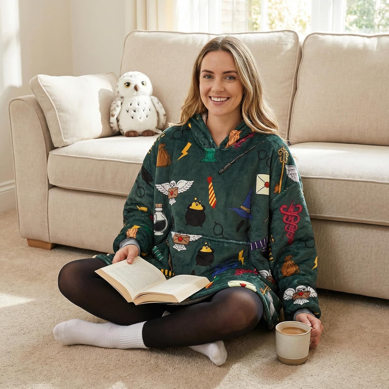 Magical Movie Theme Soft Warm Oversize Wearable Blanket Hoodies for Fans of Magical Movies and Novels, Featuring Owl, Lightning Bolt, and Eyeglass Frame Prints