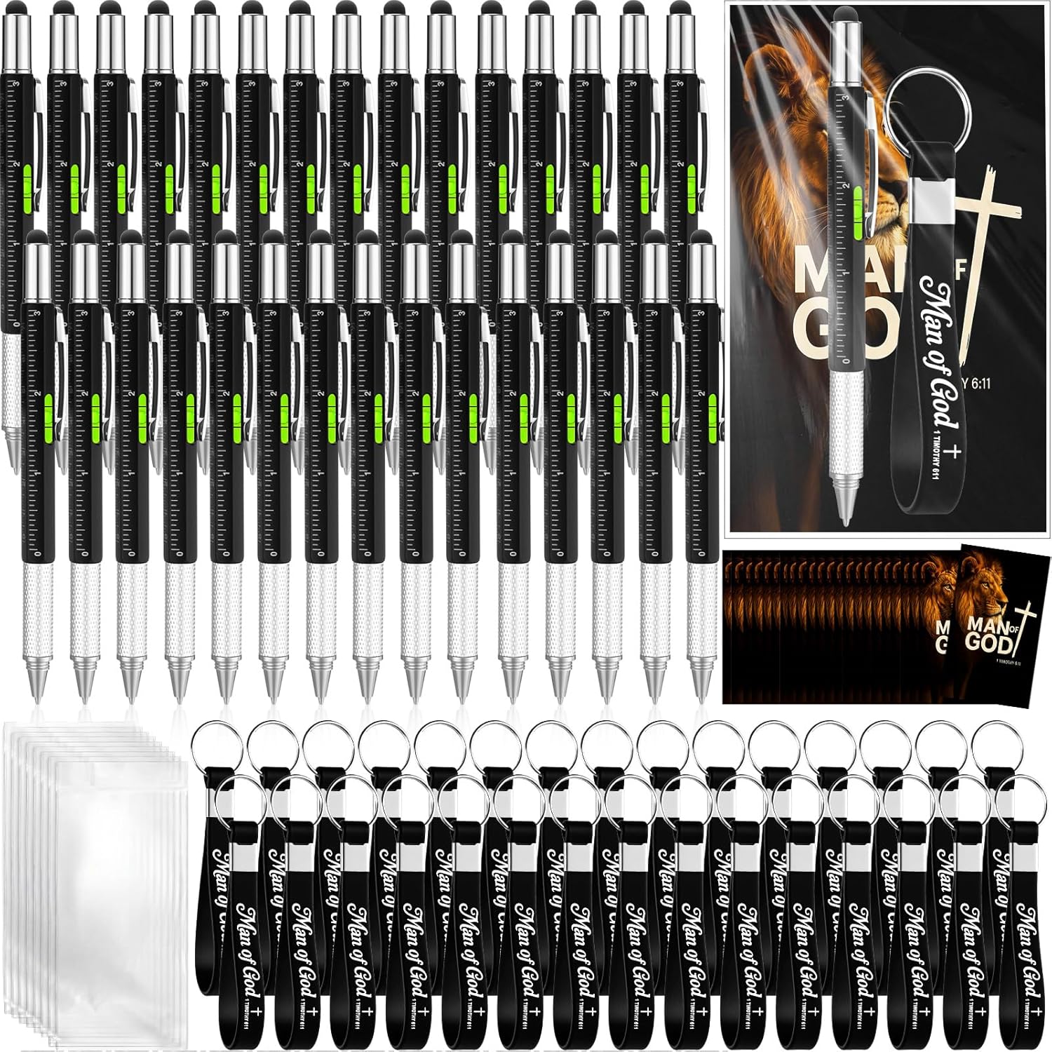 Quelay 30 Set Fathers Day Church Gifts Bulk Man of God Christian Gifts for Men 6 in 1 Multi Tool Pen with Silicone Keychain Religious Cards Multi Tool Gadget for Coworker Sunday School Pastor