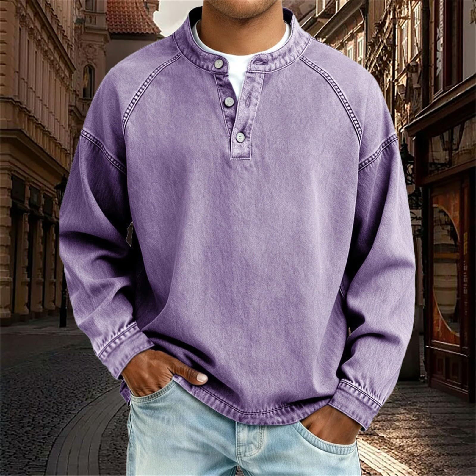 Camicia da uomo vintage Henley Basic a maniche lunghe, tinta unita, per il tempo libero, con abbottonatura, look slavato, per stile casual, regalo per uomini