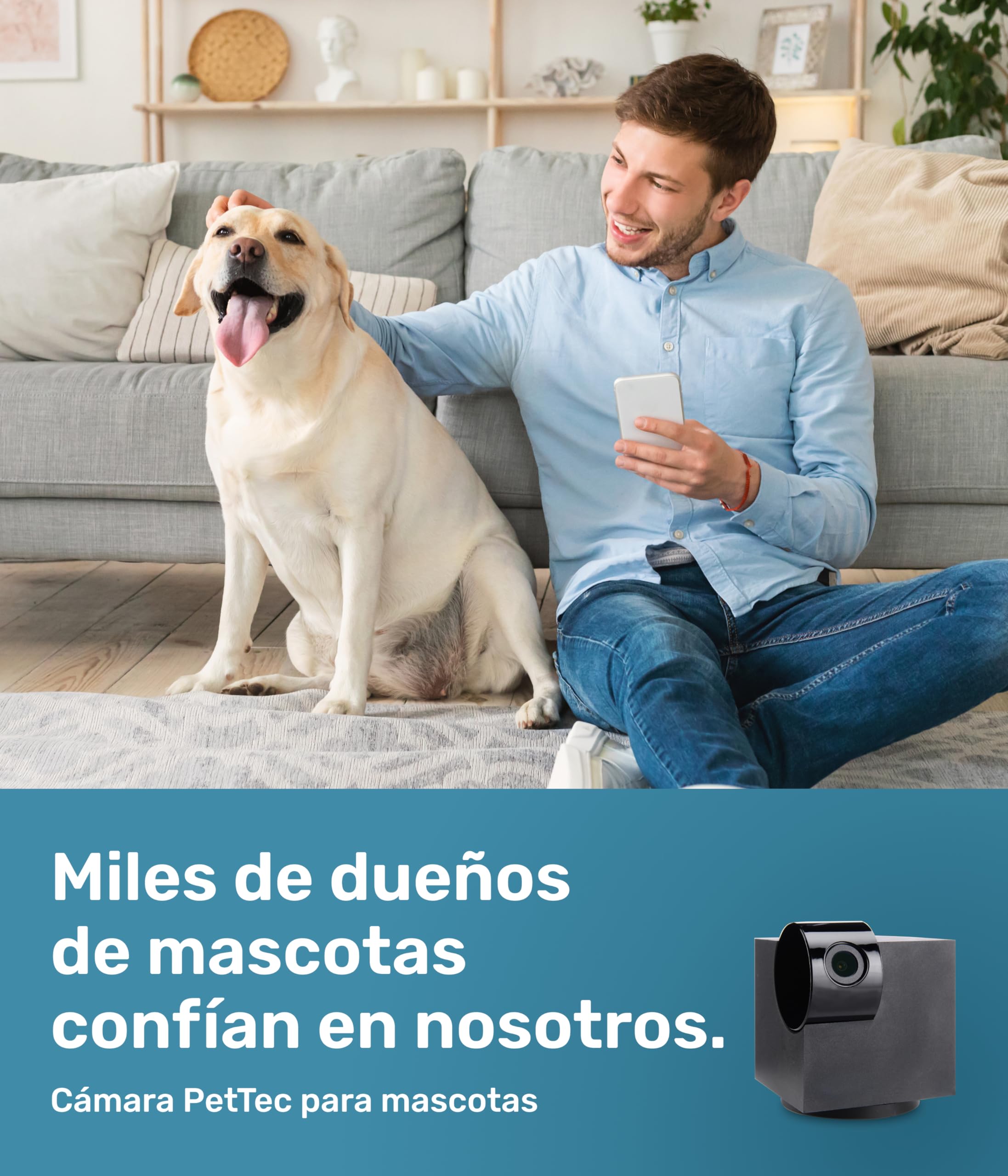 PetTec® CAM 360° Cámara para Mascotas con App [SIN SUSCRIPCIÓN] - Cámara para Perros y Gatos en Casa con Detección de Movimiento y Visión Nocturna - Vista Completa HD 360° Panorámica e Inclinable