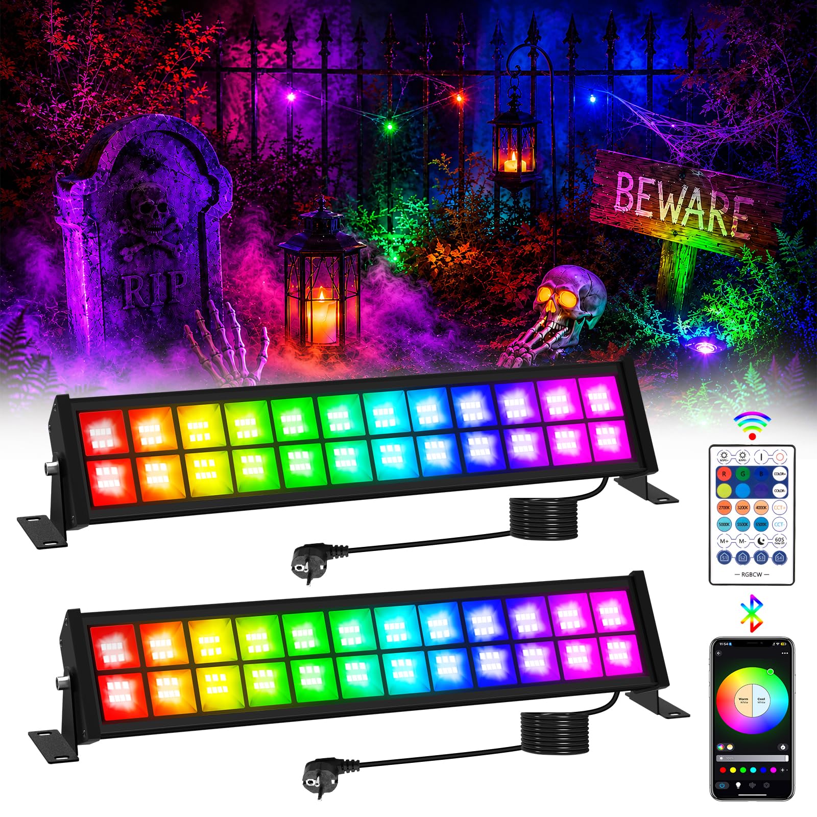 T-SUNUS Faretto LED RGB, da 72 W, per esterni, Wi-Fi, con controllo tramite app Bluetooth, IP66, impermeabile, per discoteca, palcoscenico, feste, Natale, Halloween, 2 pezzi