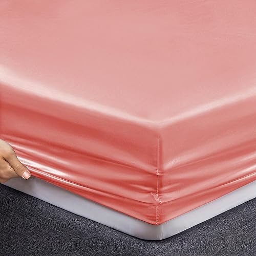 Miniatura 5 de Vonty - Juego de sábanas de satén, sedosas, tamaño matrimonial, de color rosado, 1 sábana bajera con bolsillo profundo, 1 sábana encimera, 2 fundas