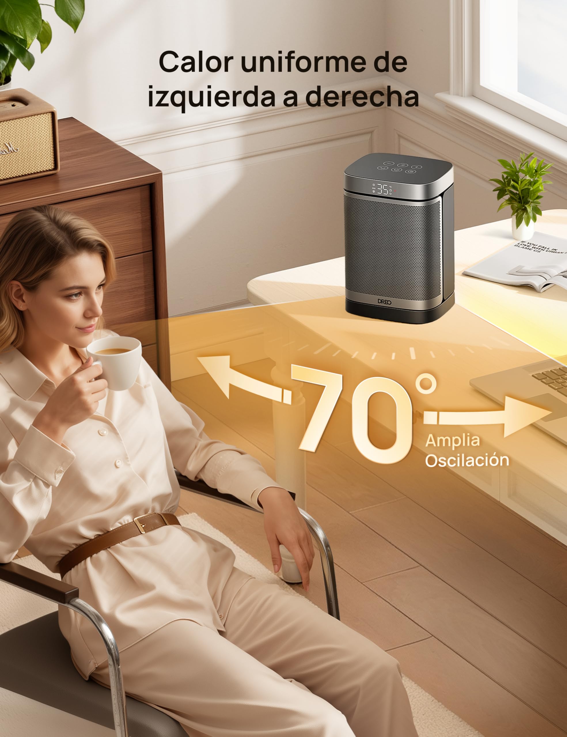 Dreo Calefactor Atom One, 3-Modos 3-Velocidades, 70°Oscilación, Calefactor cerámico de PTC con termostato, con termostato, temporizador 1-12H, Mando a distancia, Modo ECO-Ahorro de energía