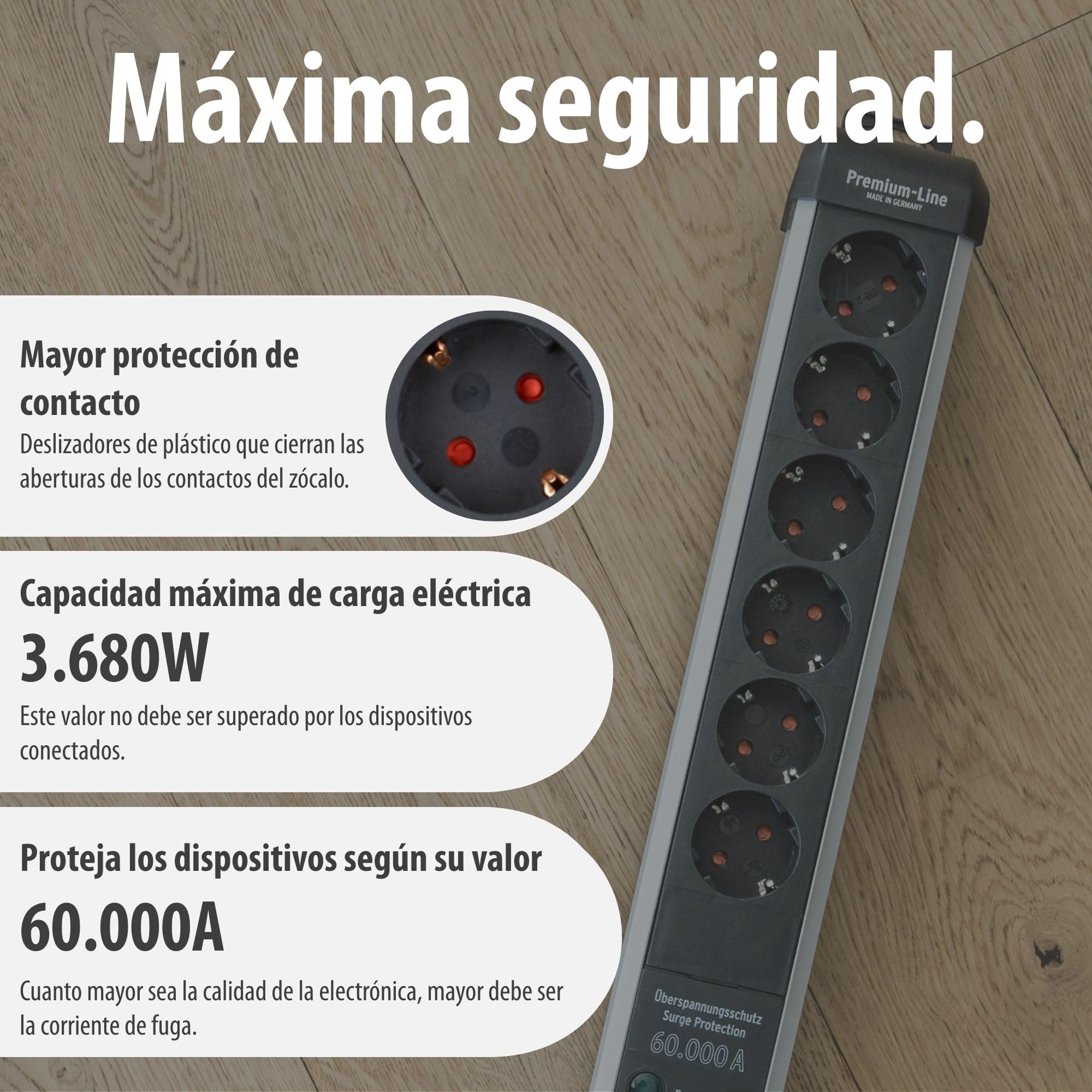 Brennenstuhl Premium-Protect-Line regleta enchufes de 6 Tomas con protección contra sobretensiones hasta 60.000 A (Cable de 5 m, Interruptor, Fabricado en Alemania) Plateado/Negro