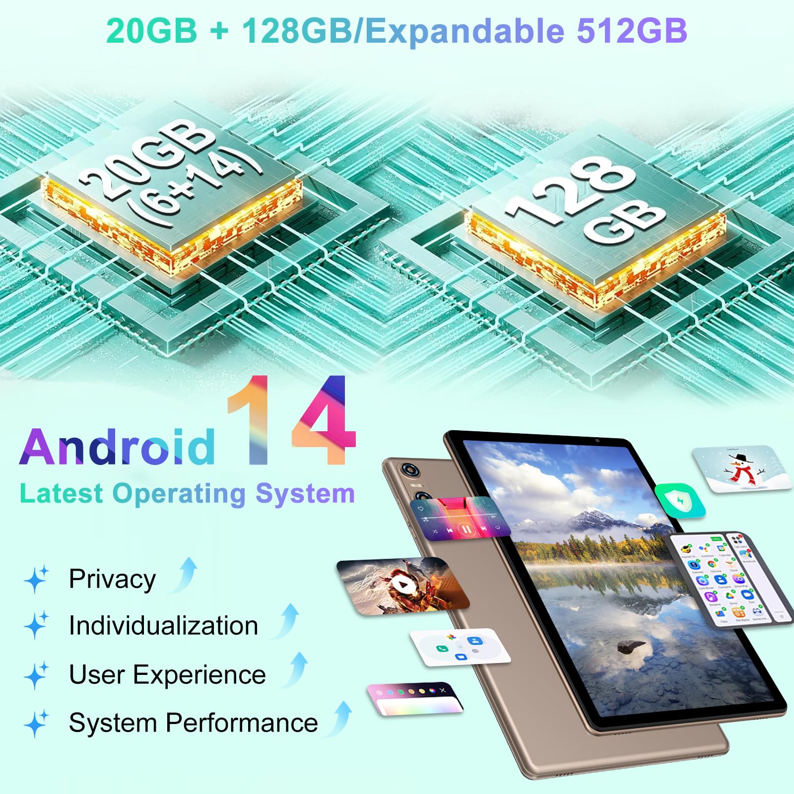 Tablet 10" Android 14 Octa-Core,20 GB RAM+128 GB ROM (TF 512 GB),5G WIFI 6丨6000mAh丨5MP+8MP丨Bluetooth5.0丨1280 * 800, Tablet with Klawiatura Mysz Złoto