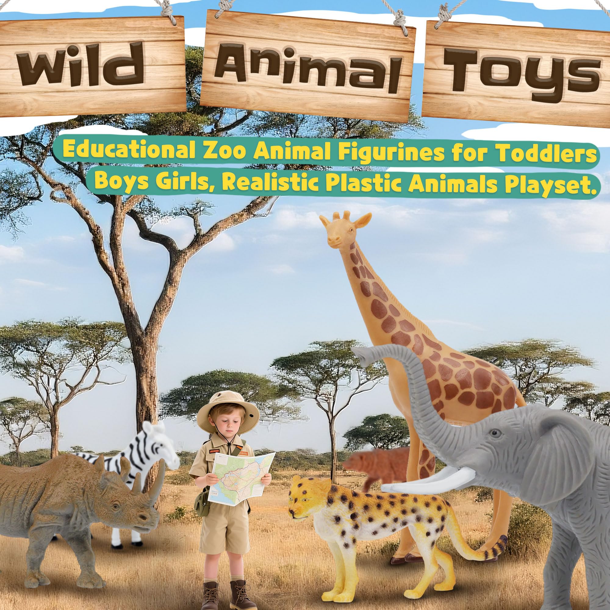 Safari - Juego de cifras de animales para niños, 10 piezas realistas, colección de animales del zoológico salvaje con elefante, león, tigre, jirafa, juguetes educativos para niños pequeños y