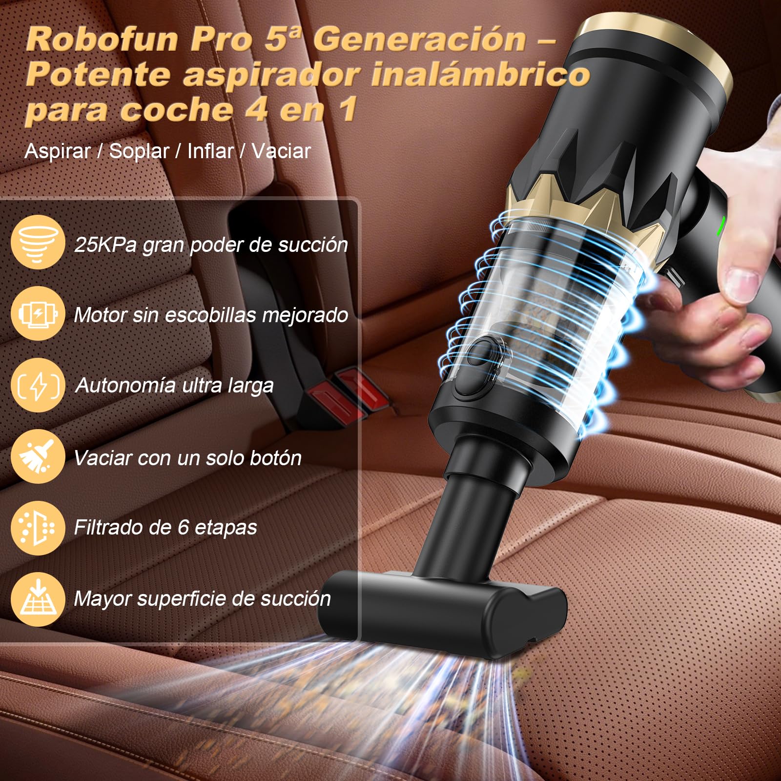 Robofun Aspiradora de Mano 4 en 1 sin Cable, 25000Pa, Motor sin escobillas, Vaciado con botón, para Coche, hogar, sofá, Oficina, pelos de Mascotas
